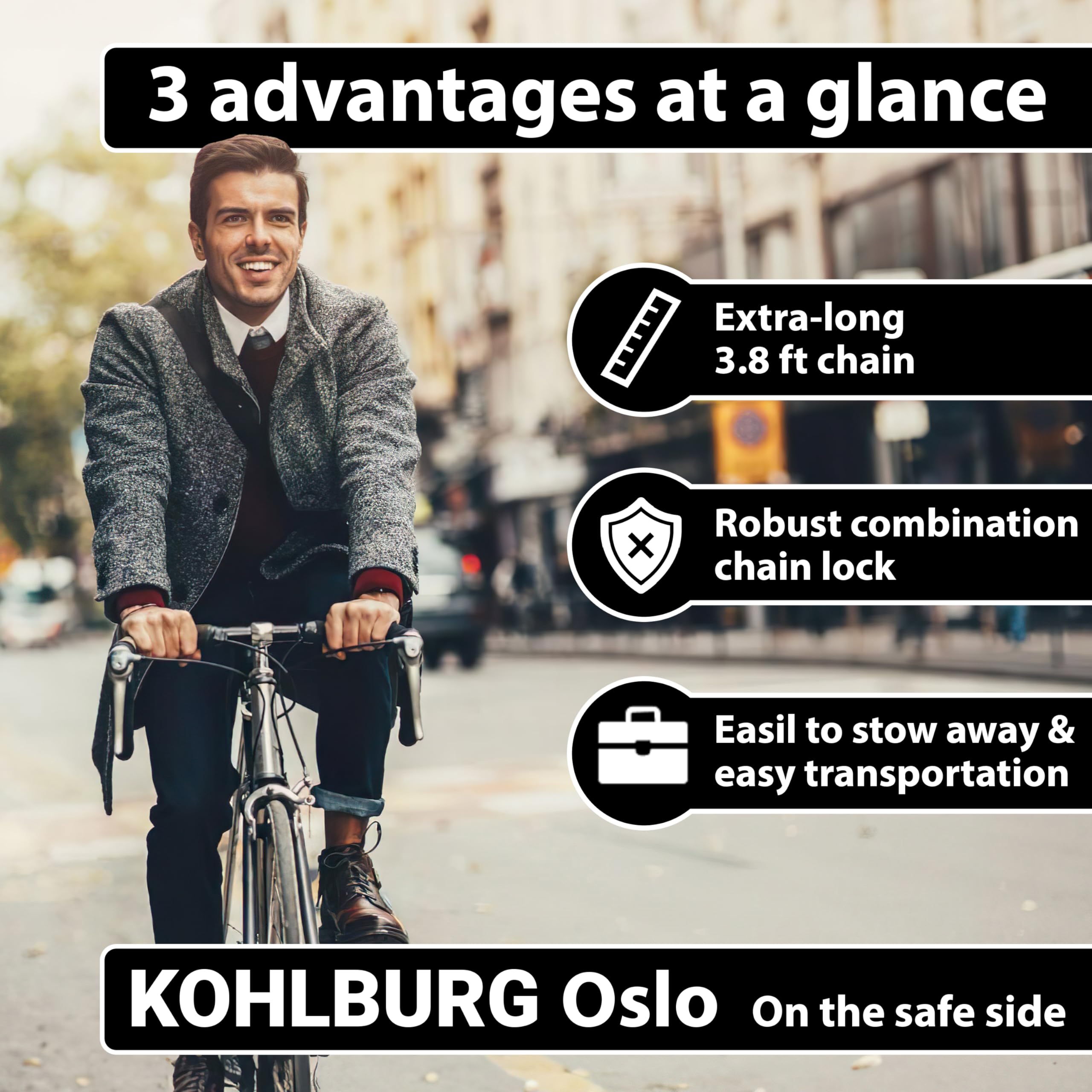 KohLBURG Lucchetto a combinazione molto lungo, 115 cm di lunghezza e 6 mm di spessore, forte lucchetto a catena con combinazione numerica, lucchetto sicuro per bicicletta ed e-bike