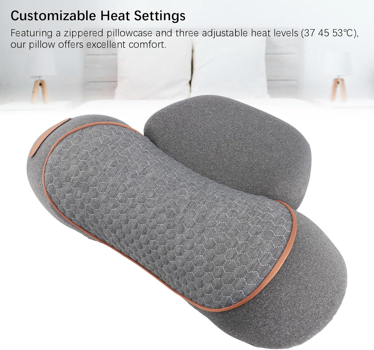 Neck Support Pillow Memory Foam with Detachable Pillowcase, Grey, USB Plug in 3 Temperatures - Soothing Heat Function, Customizable Comfort for Sleeping and Relaxation