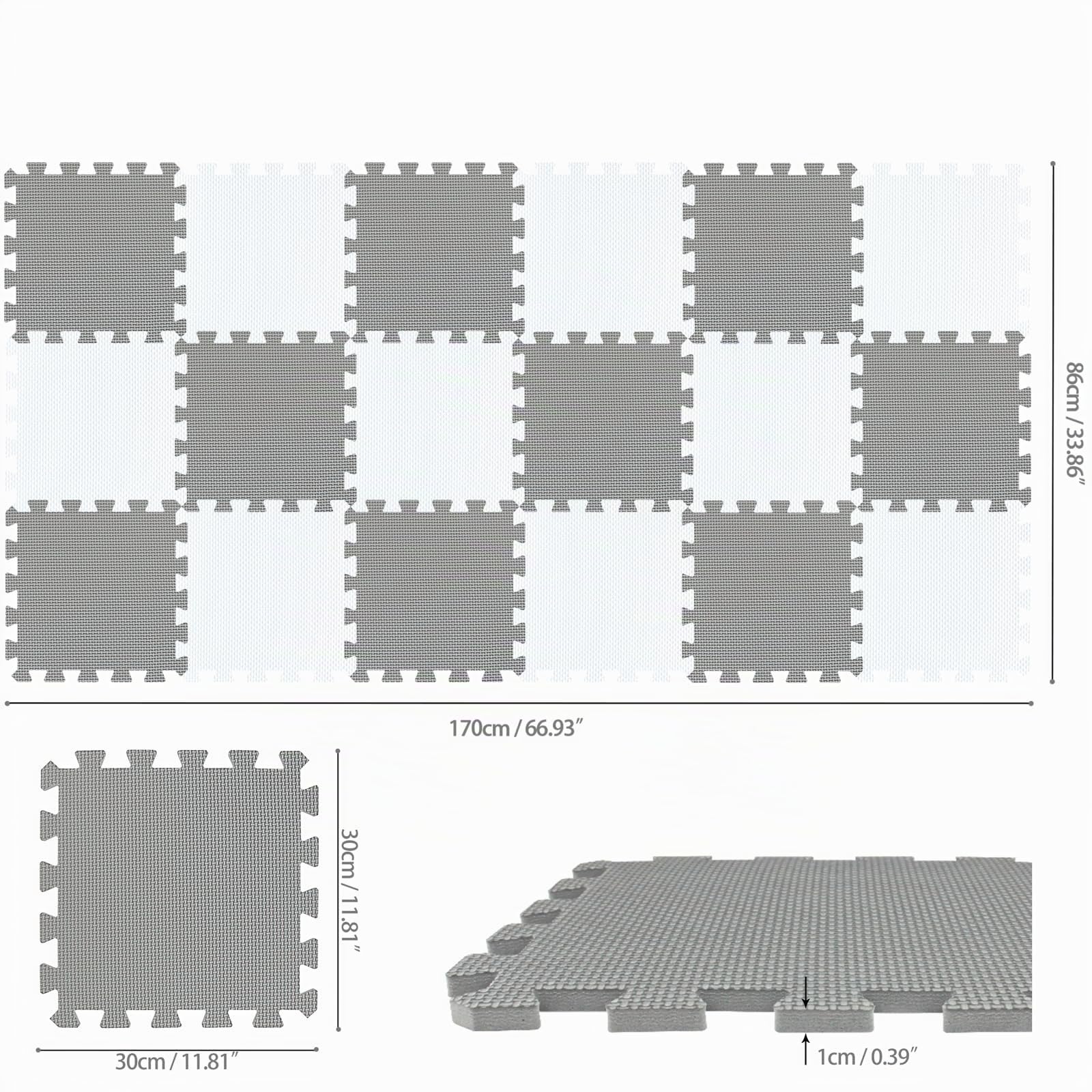 qqpp® 18 Puzzle Eva Schaumstoff Puzzlematte Puzzleteppich Kinder - Krabbelmatte Spielmatte Baby Schadstofffrei Sport rutschfest Bodenschutzmatte Fitness Matte. Weiß, Grau. QQC-ALb18N