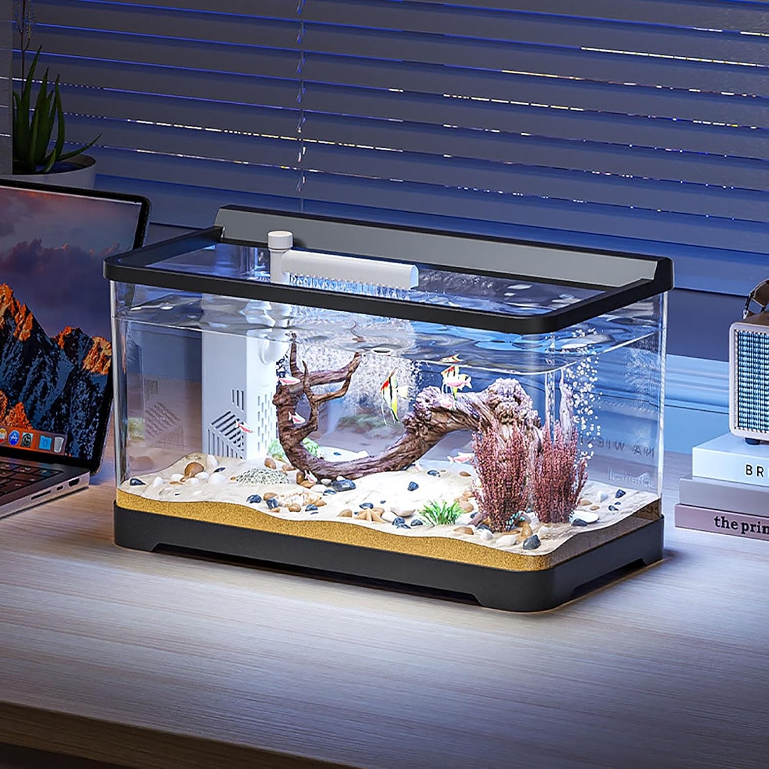 Aquarium Fish Tank Kit,Nature Fish Tank with Filter and Light,Self Cleaning Aquarium Starter Kits for Small Fish Betta Kids Room Desktop Decor(Small)