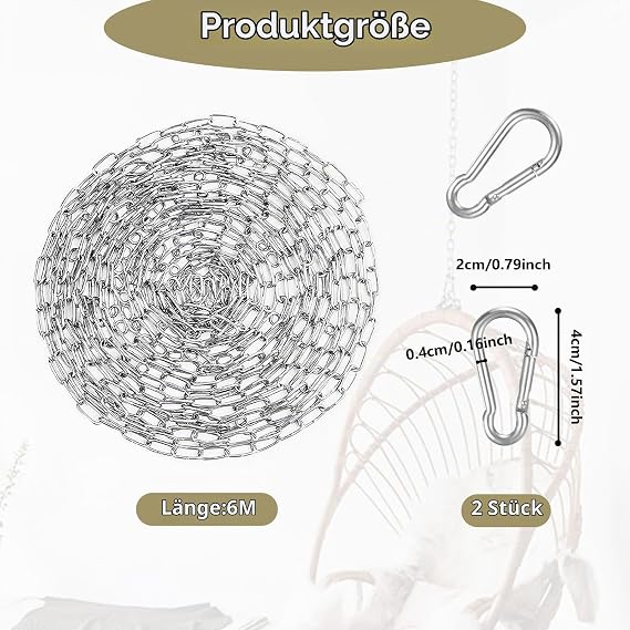Stainless Steel Chain Sold by the Metre 1.5 mm 6 m Steel Chain with Carabiner Metal Chain for Hanging Dog Chain Anchor Chain Laundry Chain & Swivel Chain
