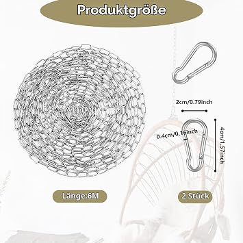 Stainless Steel Chain Sold by the Metre 1.5 mm 6 m Steel Chain with Carabiner Metal Chain for Hanging Dog Chain Anchor Chain Laundry Chain & Swivel Chain