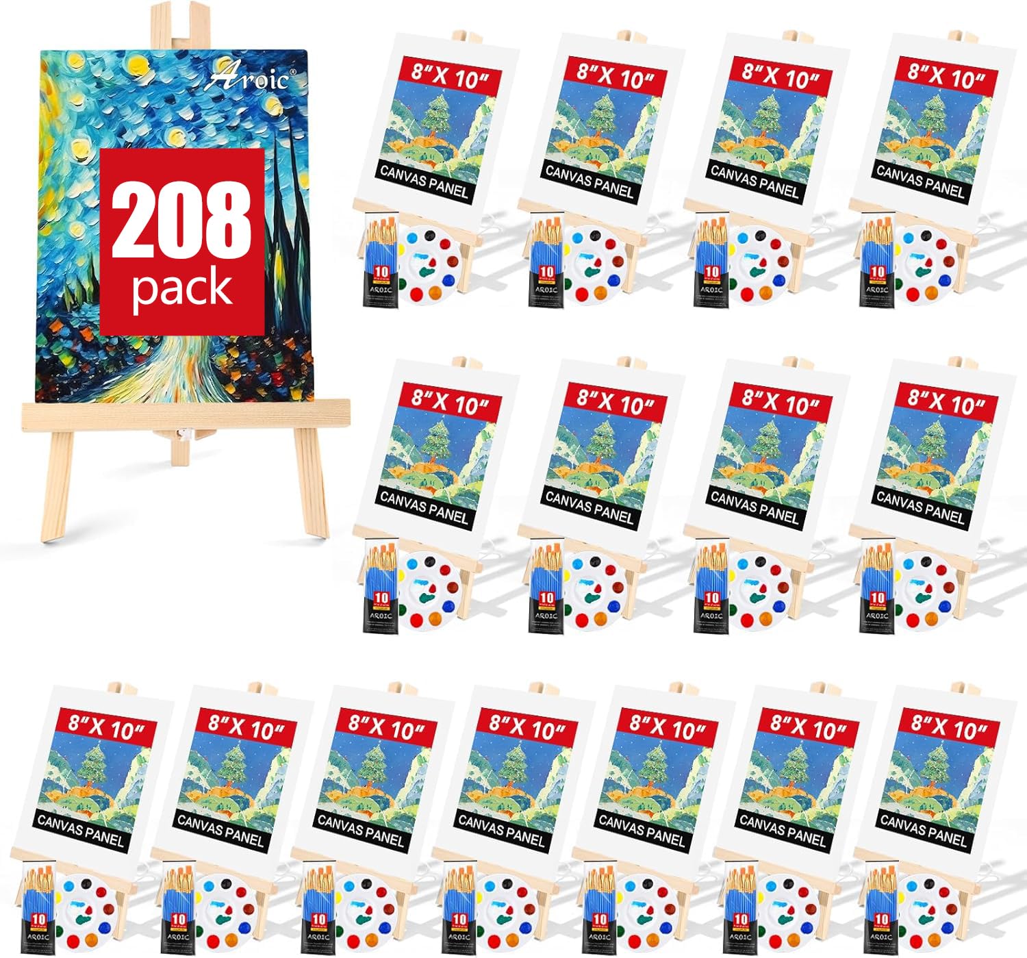 Photo 1 of AROIC 208 Pcs Easel Sets with 16 Easels, 160 Brushes, 16 Canvas, 16 Palette