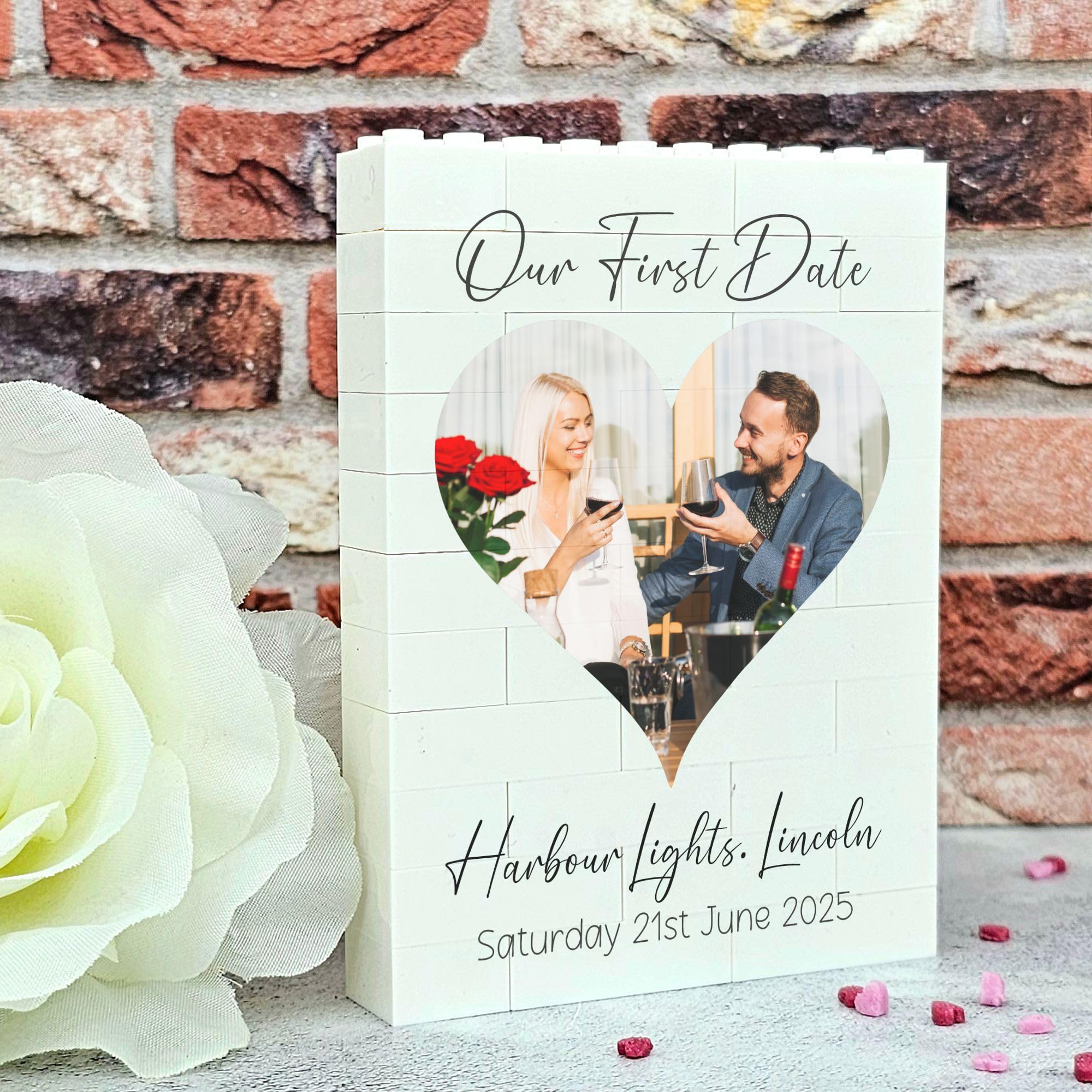 Pixie's Gifts Personalised Building Blocks Photo Plaque Our First Date | Custom Photo & Editable Text Romantic Keepsake | Couples Memory Gift for Anniversary (Heart Photo, Small - 7.9cm x 6.4cm)