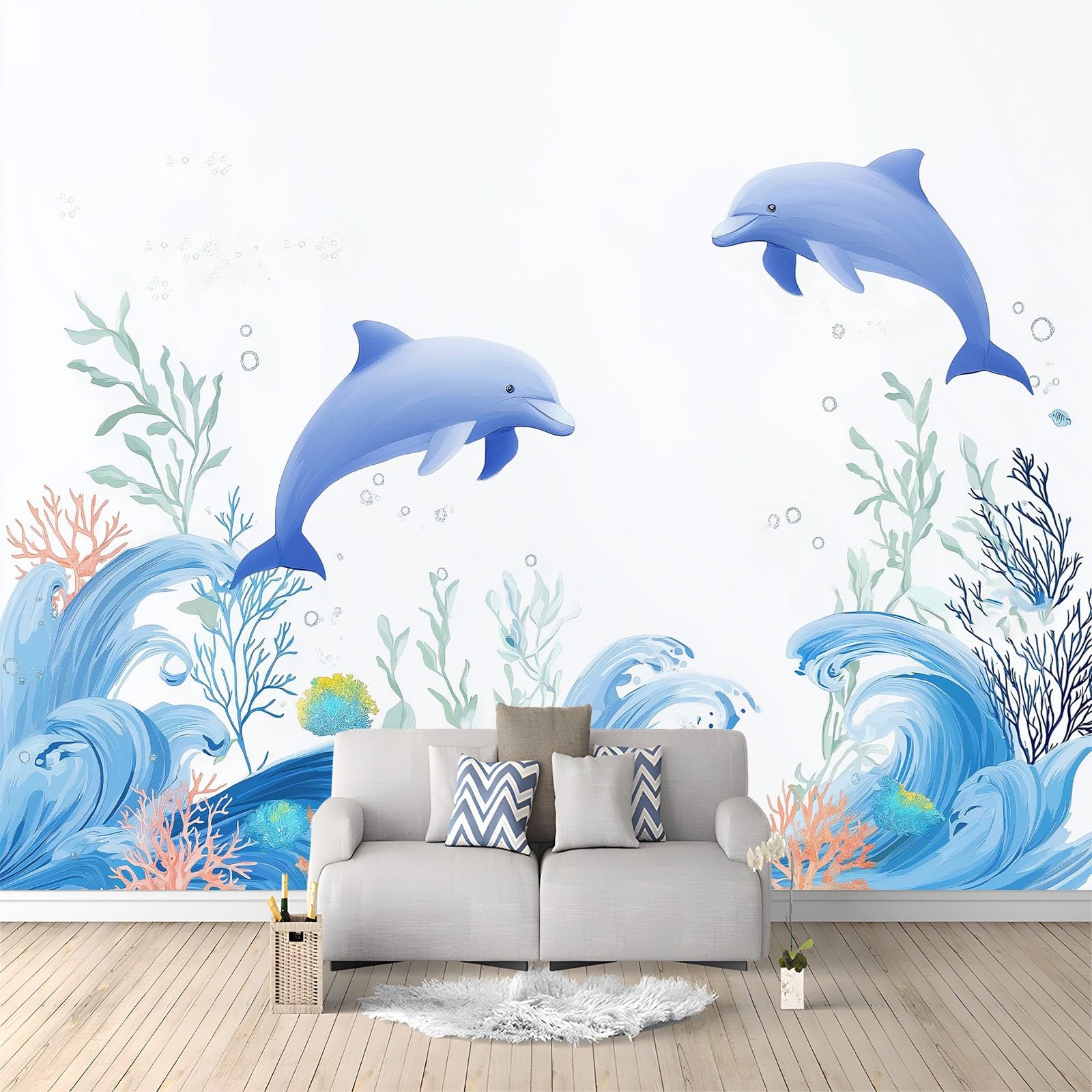 Générique Panoramiczna tapeta kreskówka natura zwierzęta delfin fale koralowe białe 350 x 256 cm - nowoczesny gobelin ścienny z włókniny do salonu, sypialni lub pokoju dziecięcego
