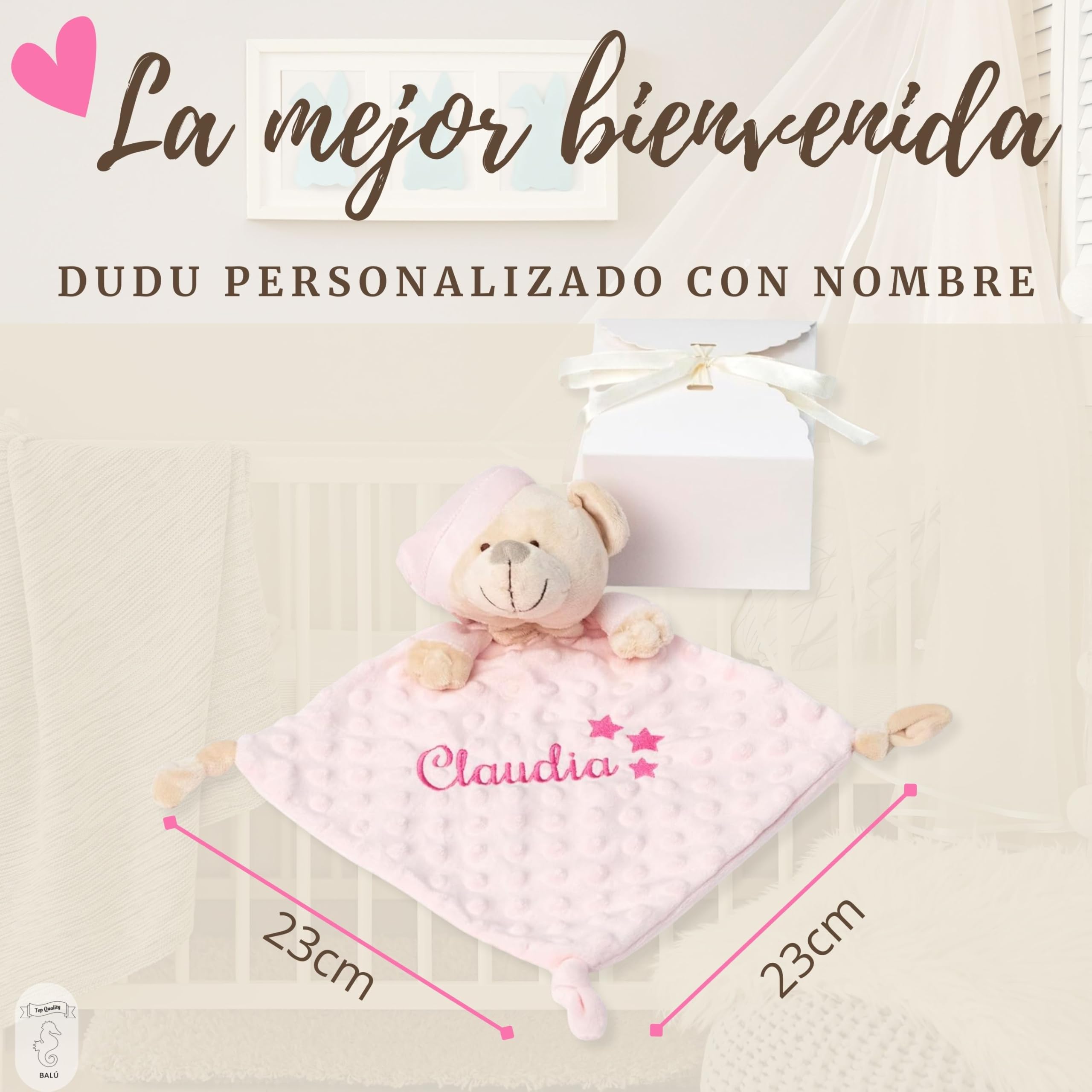 Balú Doudou Bebé Personalizado con Nombre Bordado | Oso Peluche Personalizado Bebe | Suave | Hipoalergénico | Dudu Recién Nacido Unisex | Regalo para Recién Nacido | 23cmx23cm | 4 Colores a Elegir
