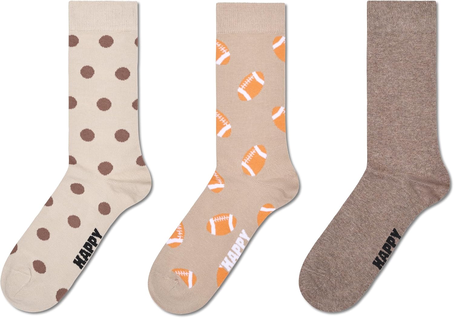 Happy Socks 3-Pack Football Socks, Beige, M/L