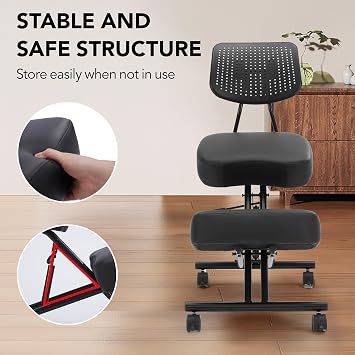 Ergonomic Kneeling Chair with Back Support, Kneeling Desk Chair for Home Office with Brake and Gliding Casters, Adjustable Posture Chair with High Back for Desk to Relieve Back Pain, Black PU