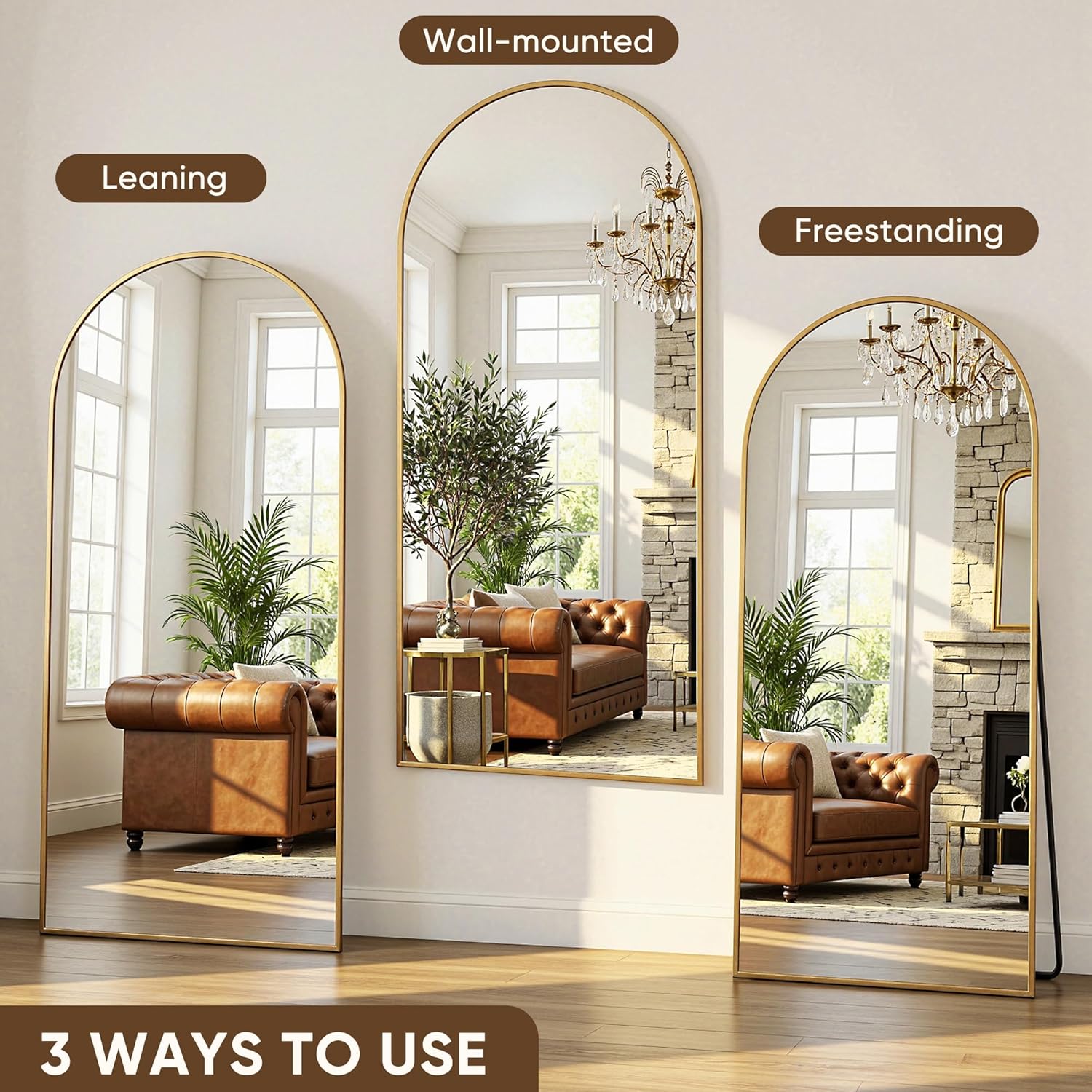 Antok Full Length Mirror, 58"x18" Floor Mirror with Stand, Hanging Mounted Mirrors for Bedroom, Living Room, Cloakroom, Dining Room, Gold, Arched