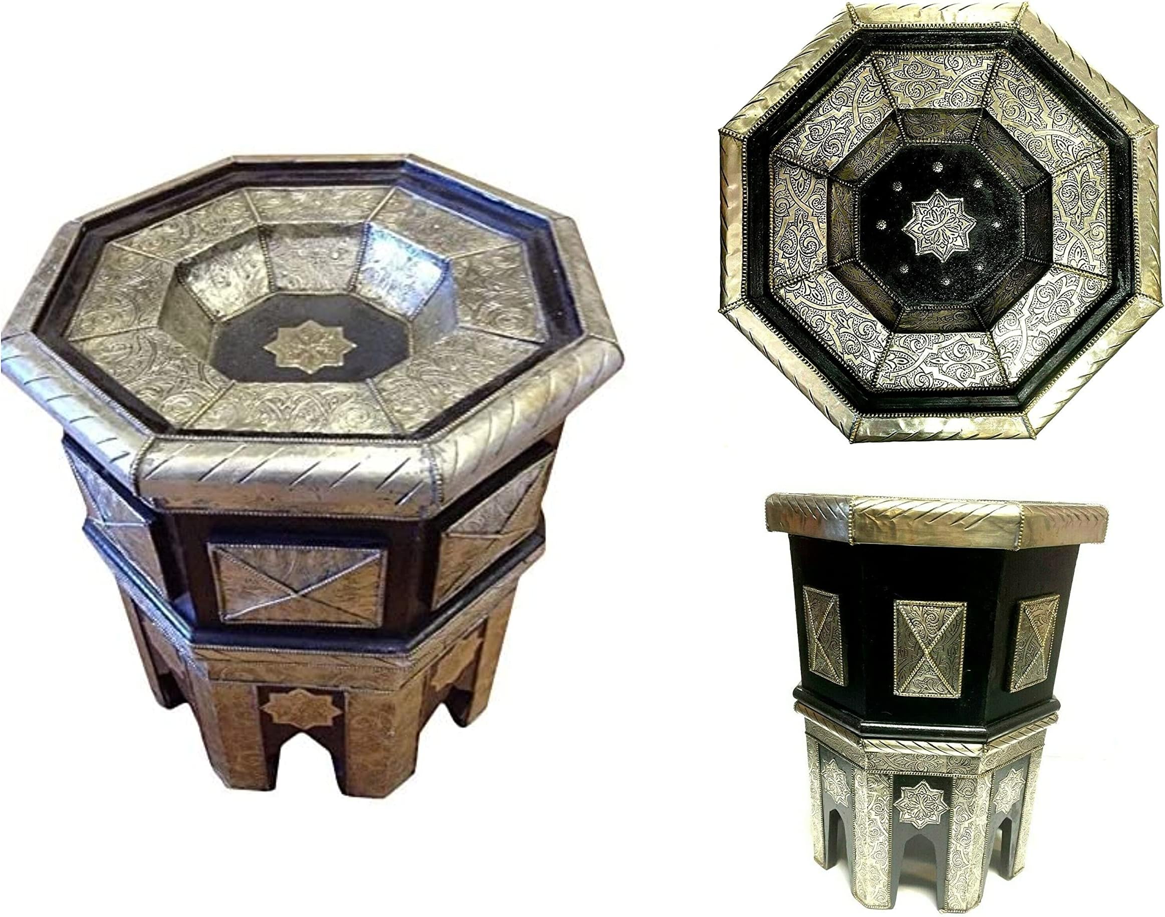 Moroccan Octagonal End Table Silver Metalwork Plated Arabic Furniture Top 19" W x 23" H