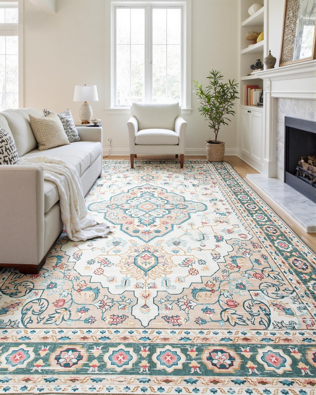 MINIDEAR 5x7 Area Rugs for Living Room, Dining Room Rug, Washable Rugs for Bedroom Non Slip Vintage Rug with Floral Print Carpet Mat for Home, Khaki