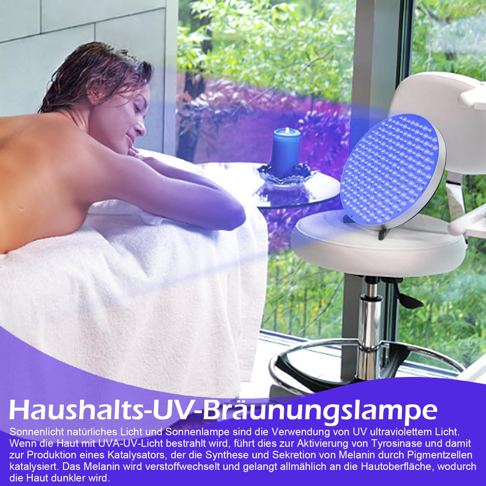 Bräunungslampe Solarium Für Zuhause, 250 LEDs 460NM Tragbare Bräunungslicht für Gesicht und Körper, Round Gesichtsbräuner Sonnenlampe Tageslicht mit Faltbares Ständer und Aufhängbare Haken (Silber)