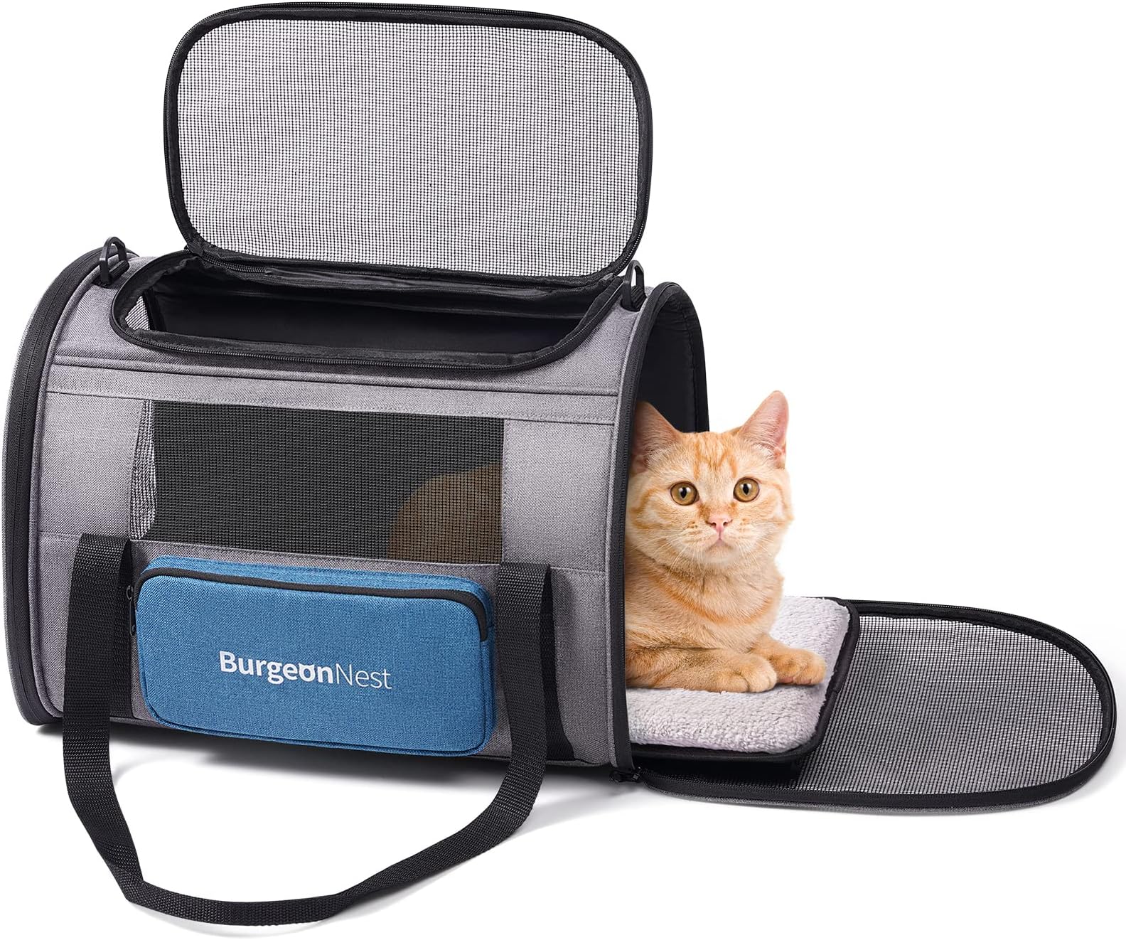 BurgeonNest Cat Carrier for Large Cats 20 lbs,Medium Pet Under 25 lbs,2 Puppy and Small Dogs with Unique Side Bag,Top Load Pet Carrier Soft-Sided Escape Proof with 4 Ventilated Windows