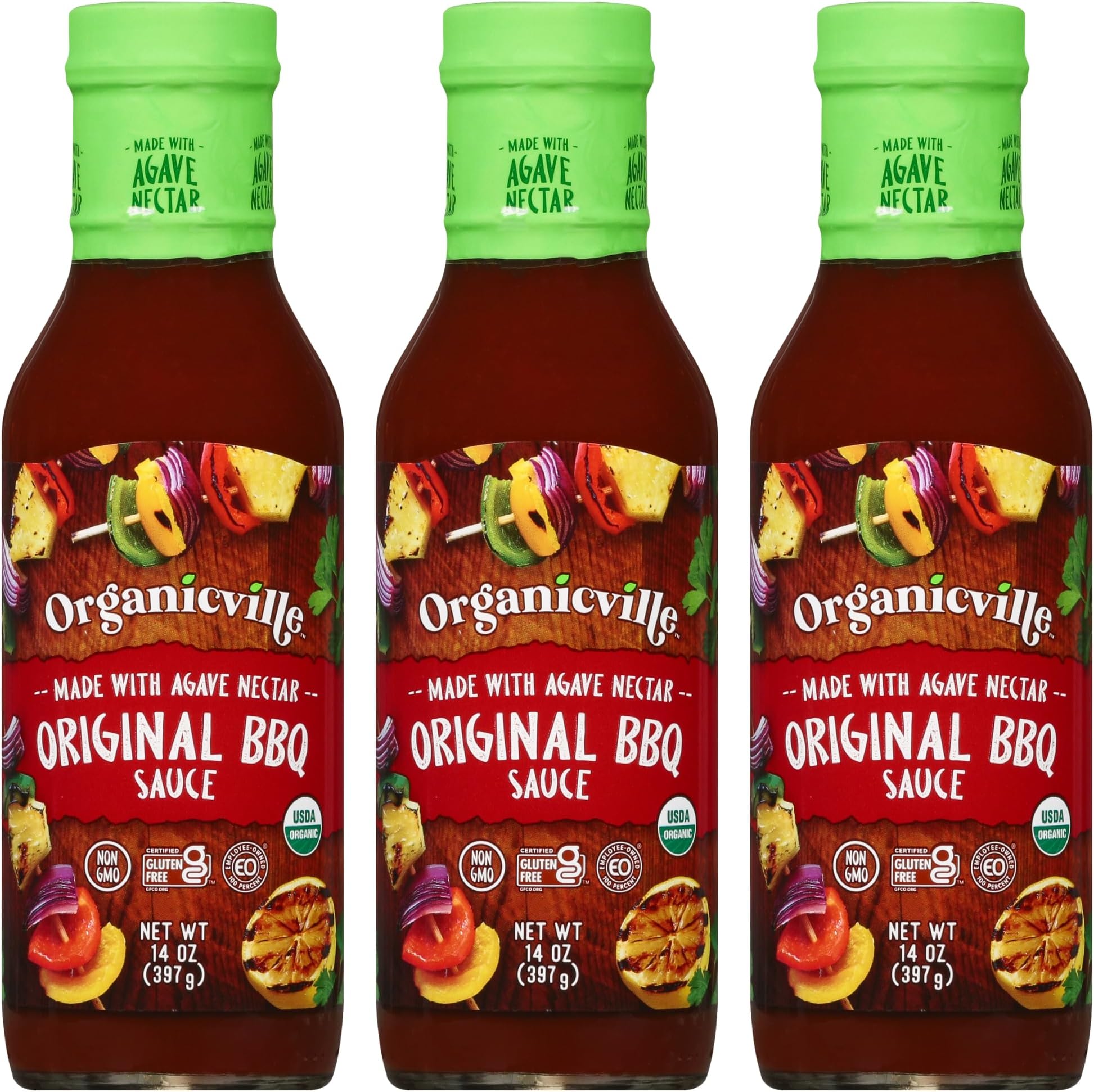 Organicville Original BBQ Sauce - Barbeque Sauce, Sweet, Smoky Flavor, Gluten Free, Vegan, Organic, Non-GMO, Vegan Barbeque Sauce, Gluten Free Barbeque Sauce, Made with Agave Nectar - 14 Oz, 3-Pack