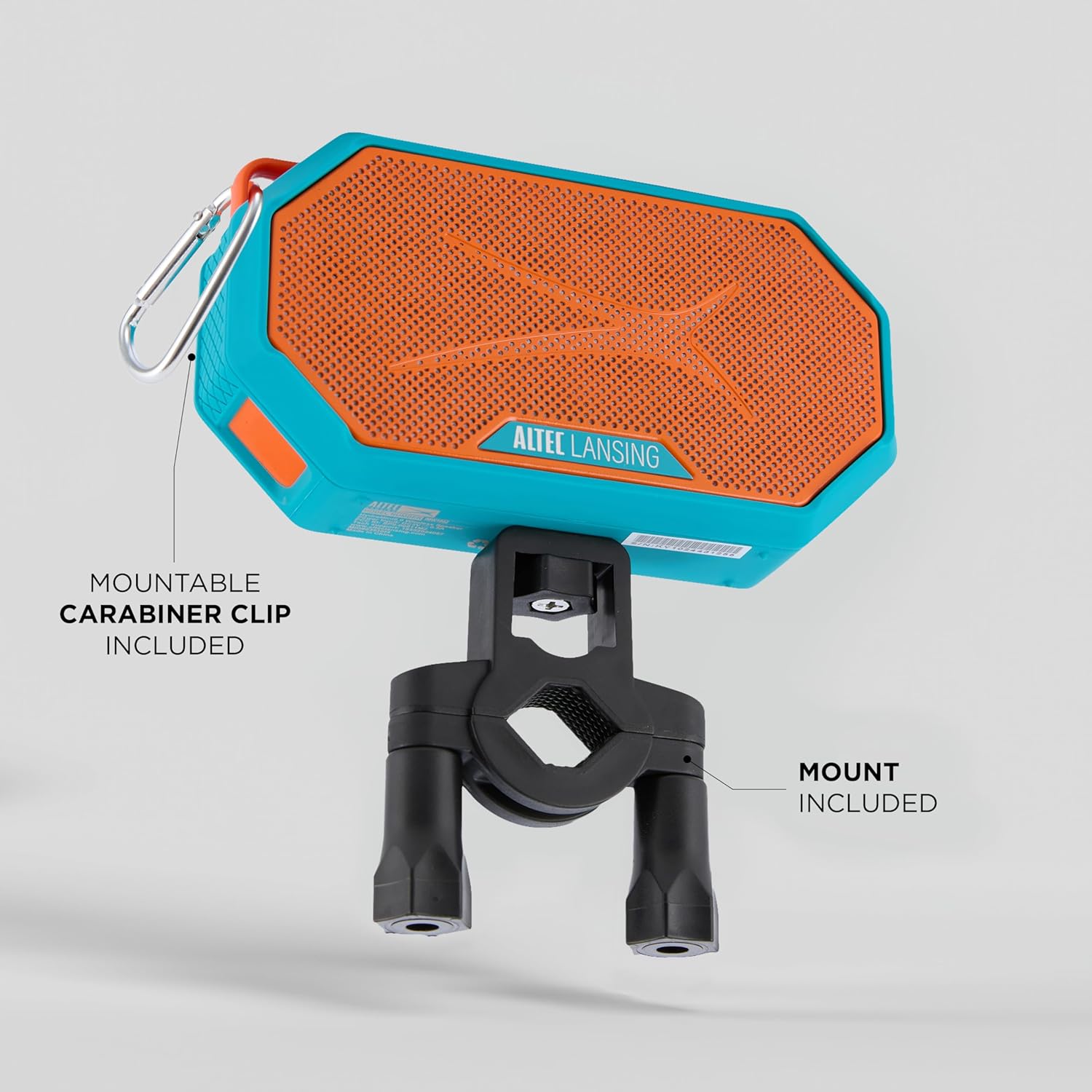 Altec Lansing Hydramini 2.0 speaker mounted on bicycle handlebars