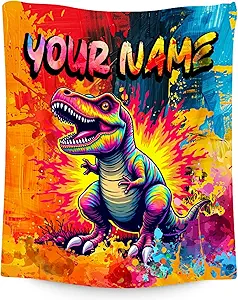 Dinosaur Blanket Custom Gifts - Personalized Blankets for Boys - Soft Flannel Throw for Couch, Bed - 4 Sizes