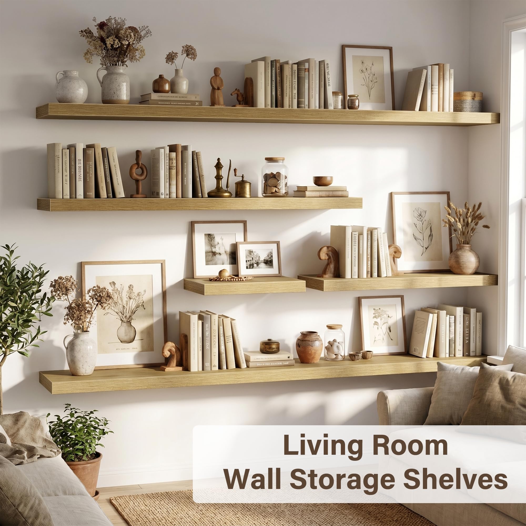 Acovy 25 cm extra Tiefe Wandregale, 100 cm langes Holz Schweberegal, Wandboard für Wohnzimmer, Bad, Schlafzimmer, Küche, Eiche, 2er-Set