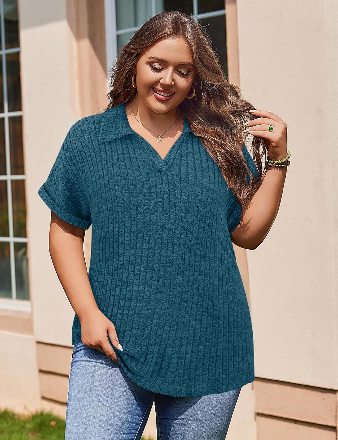 Koscacy Womens Plus Size Tops Short Sleeve Tunic Lapel V Neck Shirts Summer Casual Loose Blouse - Image 5