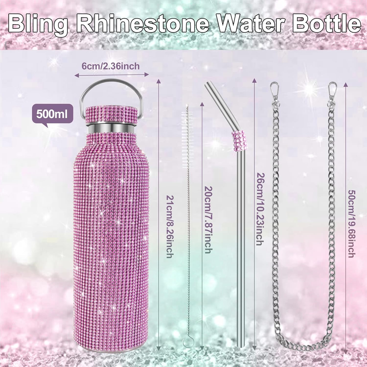 INSTOME Bling Water Bottle with Chain - 17 oz Sparkling Diamond Rhinestone Tumbler, Glittering Reusable Cup for Women Girl - Image 2