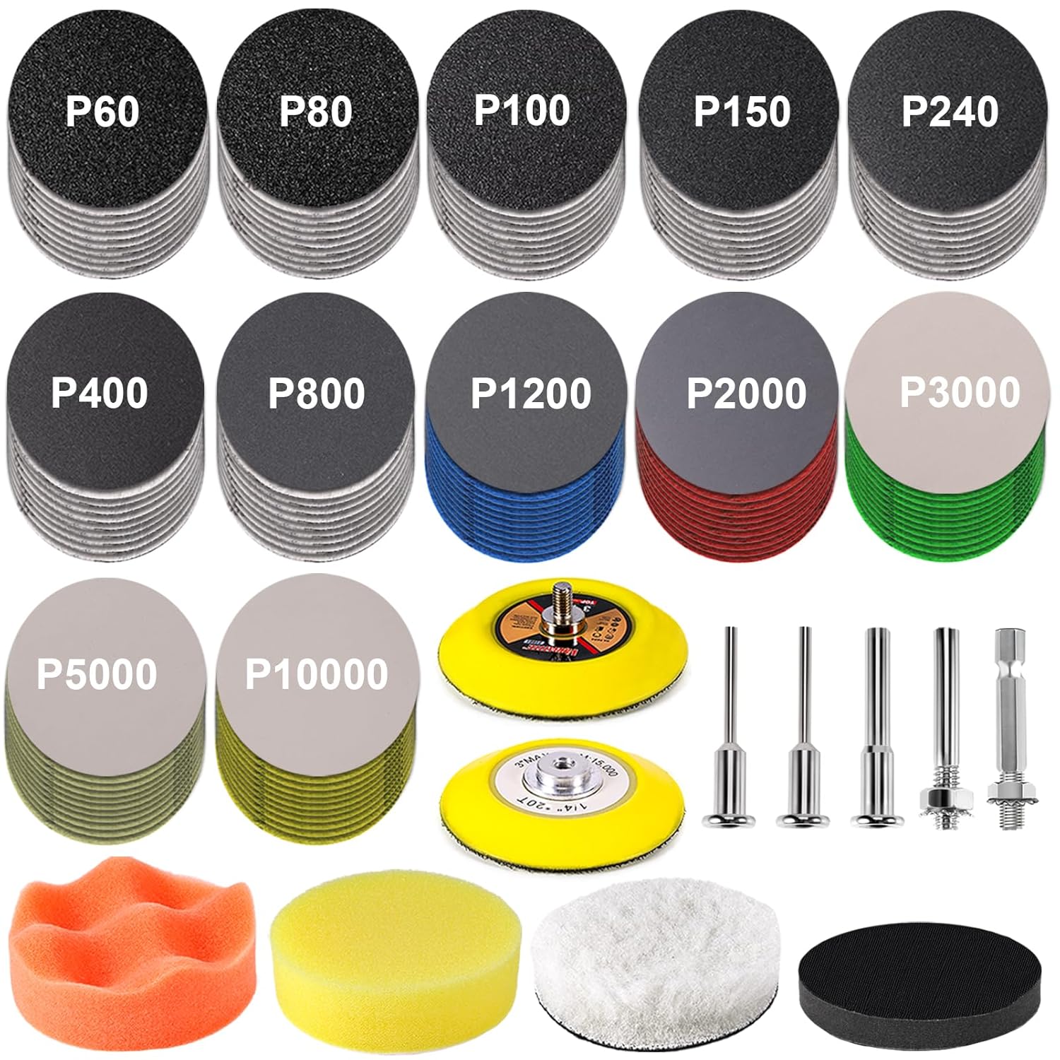131 Pieces 3 Inch Sanding Discs, GOH DODD Headlight Restoration Kit Hook and Loop Sanding Pads 60 to 10000 Grit Wet Dry Sandpaper with 1/8 1/4” Shank, Backer, Polishing Pads and Interface Pad