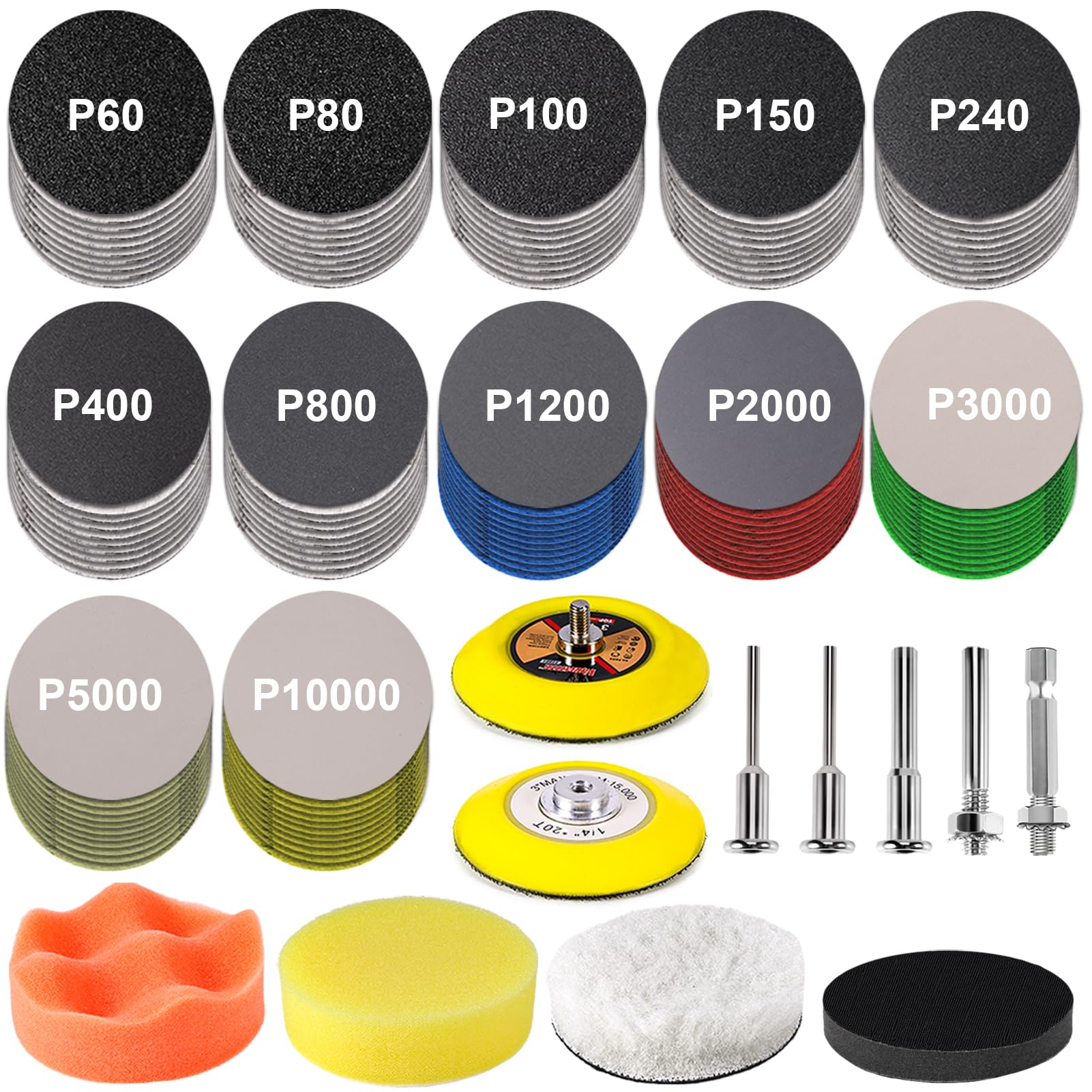 131 Pieces 3 Inch Sanding Discs, GOH DODD Headlight Restoration Kit Hook and Loop Sanding Pads 60 to 10000 Grit Wet Dry Sandpaper with 1/8" 1/4” Shank, Backer, Polishing Pads and Interface Pad