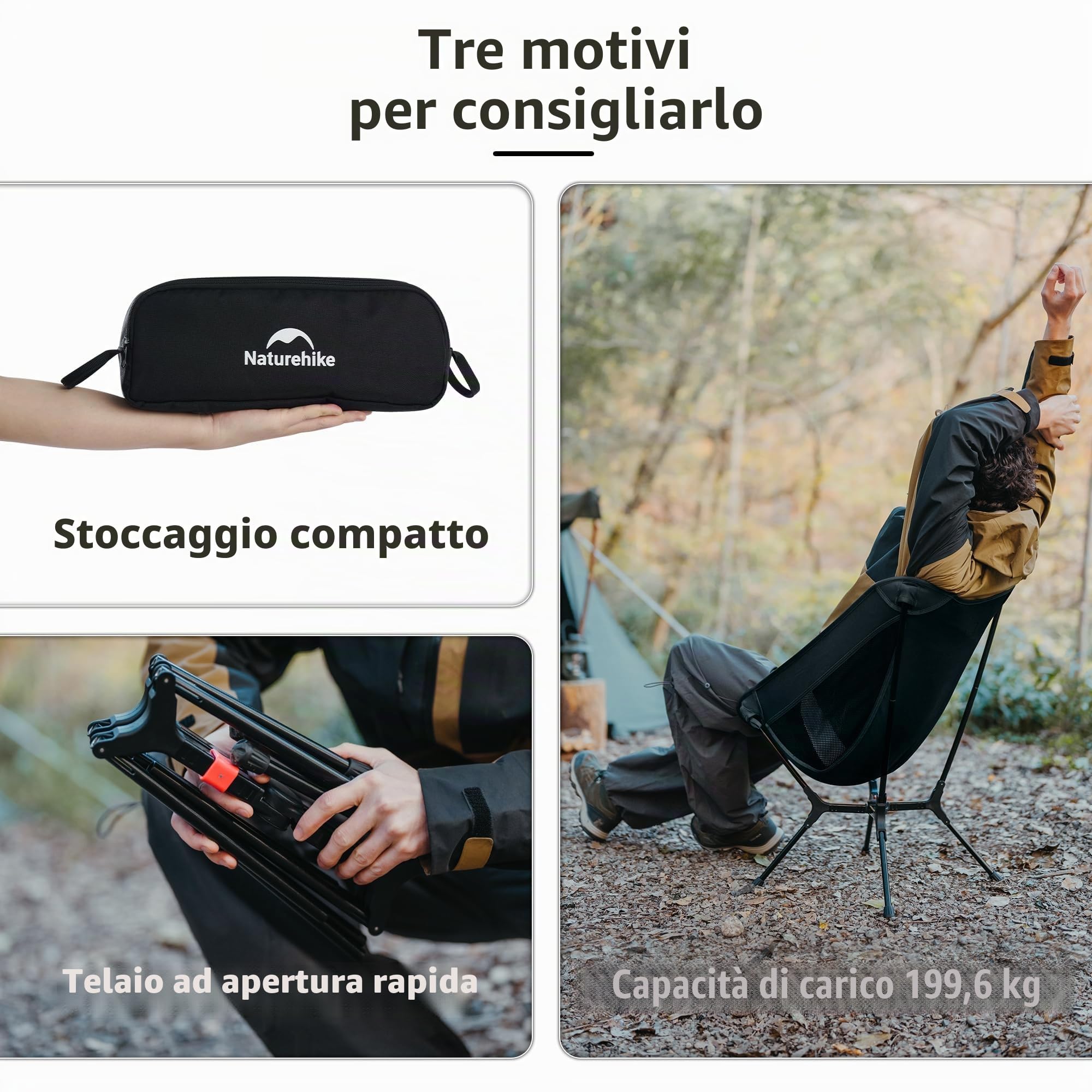 Naturehike Sedia da campeggio pieghevole ultraleggera – Piccola conservazione e design robusto per campeggio, picnic e attività all'aperto come escursioni