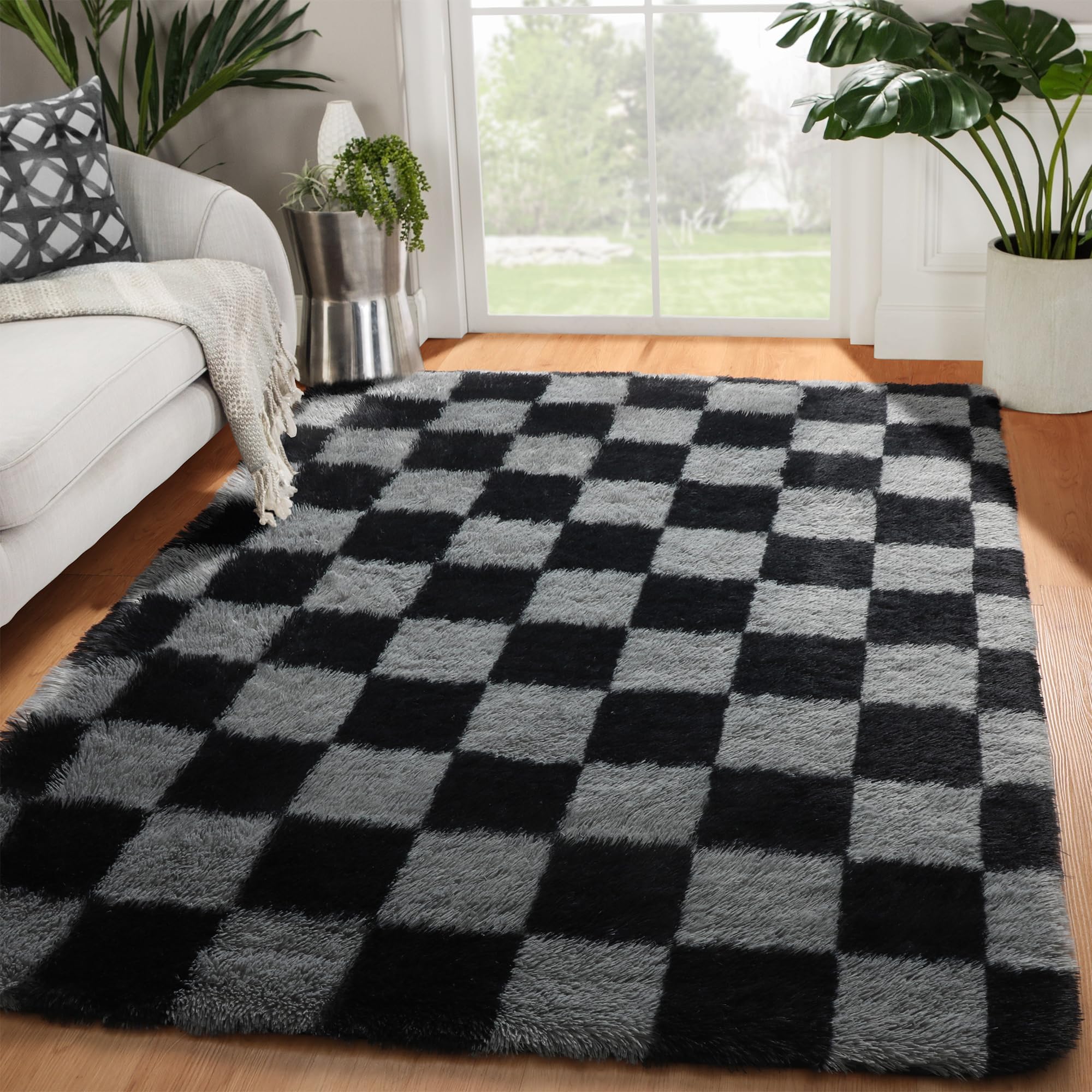 KICMOR Black and Grey Area Rug for Bedroom, 4x6 Fluffy Fuzzy Shag Checkered Rugs Shaggy Carpet for Living Room, Soft Plush Furry Bedside Rug for Kids Boys Room, Guest Room, Home Office Reading Nook