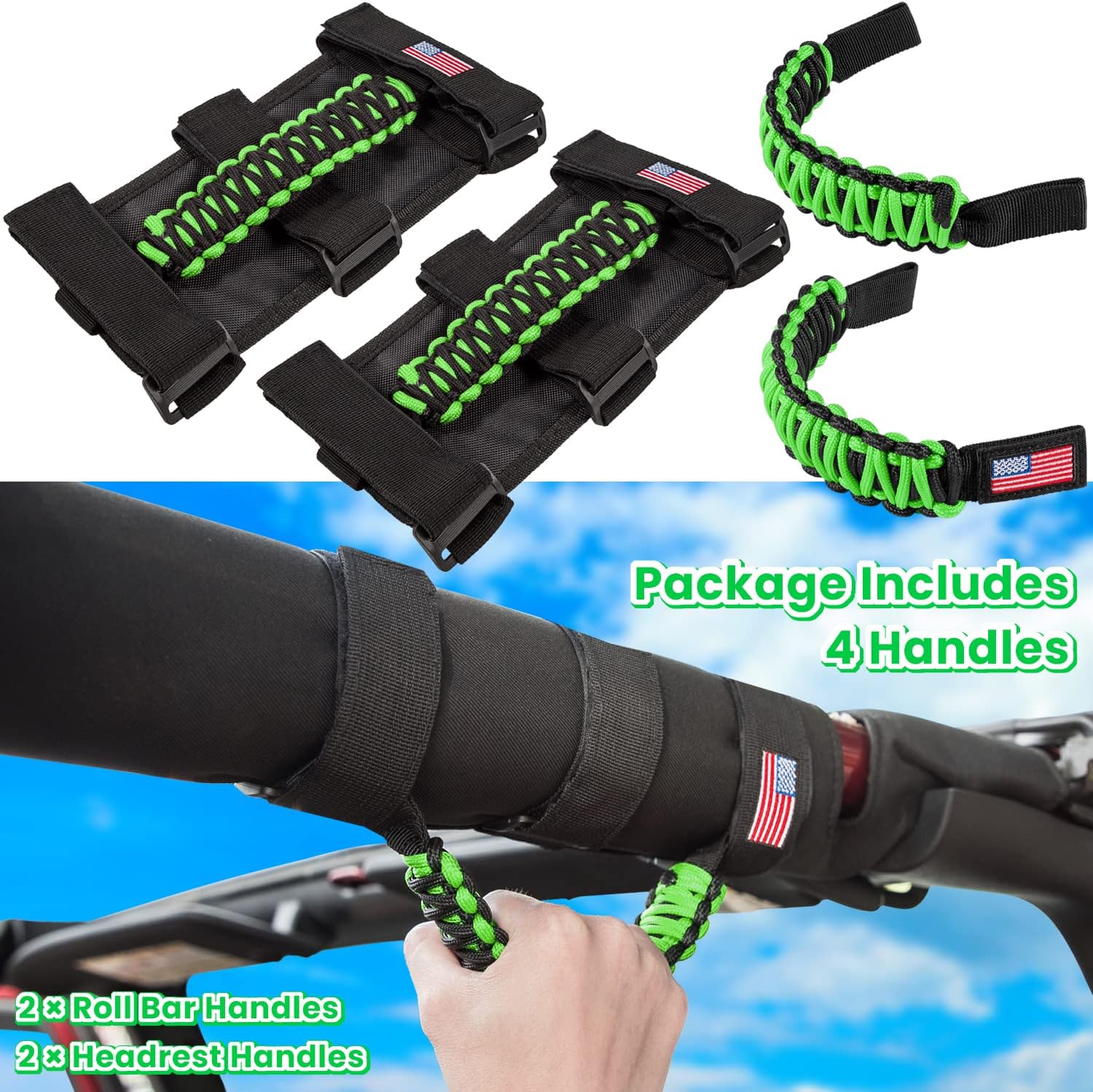 Roll Bar Grab Handles+Headrest Grip Handle for Jeep Wrangler YJ TJ JK JKU JL JLU Sport Sahara Freedom Rubicon Unlimited X Gladiator JT 1955-2023 UTV ATV Premium Paracord US Flag (Green 4 Pack)