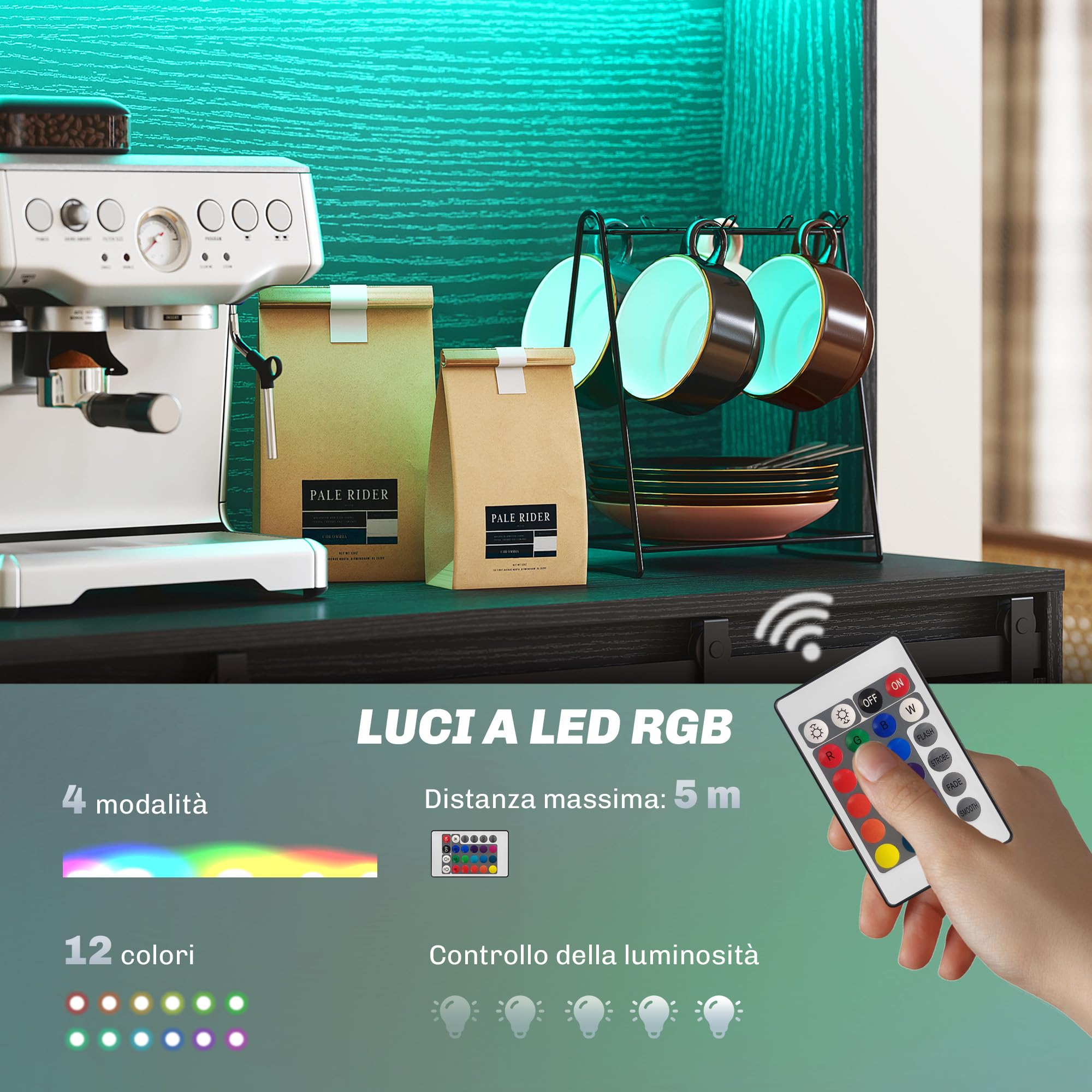 HOMCOM Credenza Cucina, Mobile Dispensa con Prese di Ricarica, Luci LED Regolabili, Portabottiglie Rimovibile per 6 Bottiglie, Mobile Buffet Ripiani Aperti, Ante Scorrevoli, per Sala da Pranzo, Nero
