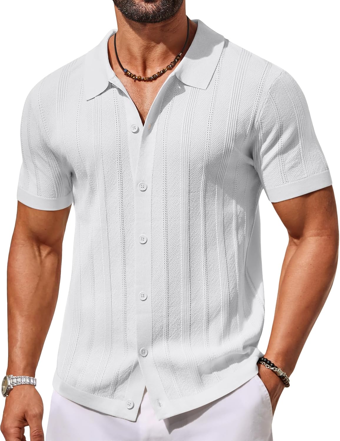 COOFANDY Men's Knit Button Down Shirts Short Sleeve Polo Shirt Casual Vacation Summer Beach Shirts