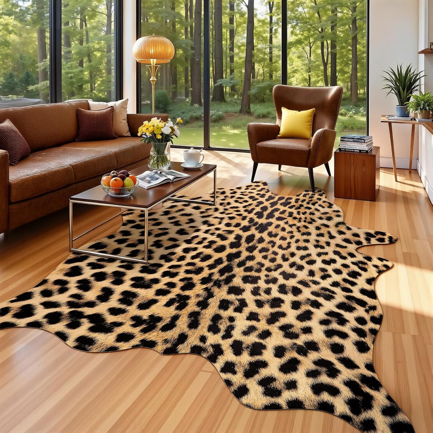 AROGAN Premium Leopard Print Rug 4.6x5.2 Feet, Machine Washable Faux Fur Cheetah Rug, Non-Slip Animal Print Hide Leopard Skin Area Rug for Bedroom Living Room Home Decor