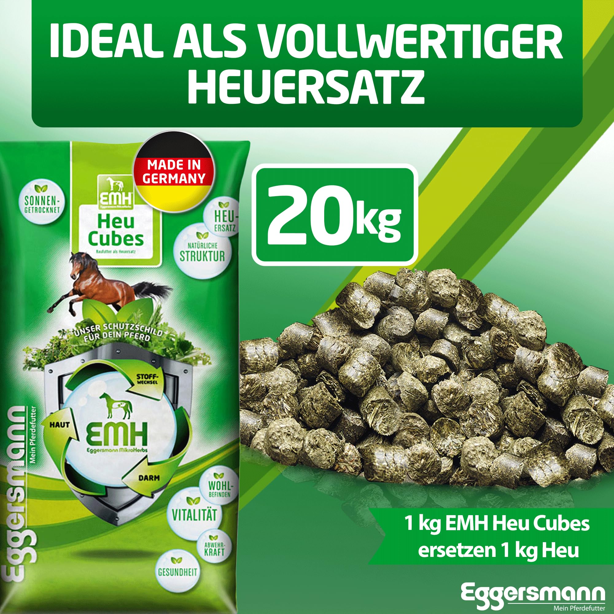 Eggersmann Mein Pferdefutter EMH Heu Cubes 20 kg - Raufutter aus sonnengetrocknetem Heu ideal als kompletter Heuersatz für Pferde & Ponys - Pferdefutter ideal bei Zahnproblemen - Deutsche Herstellung