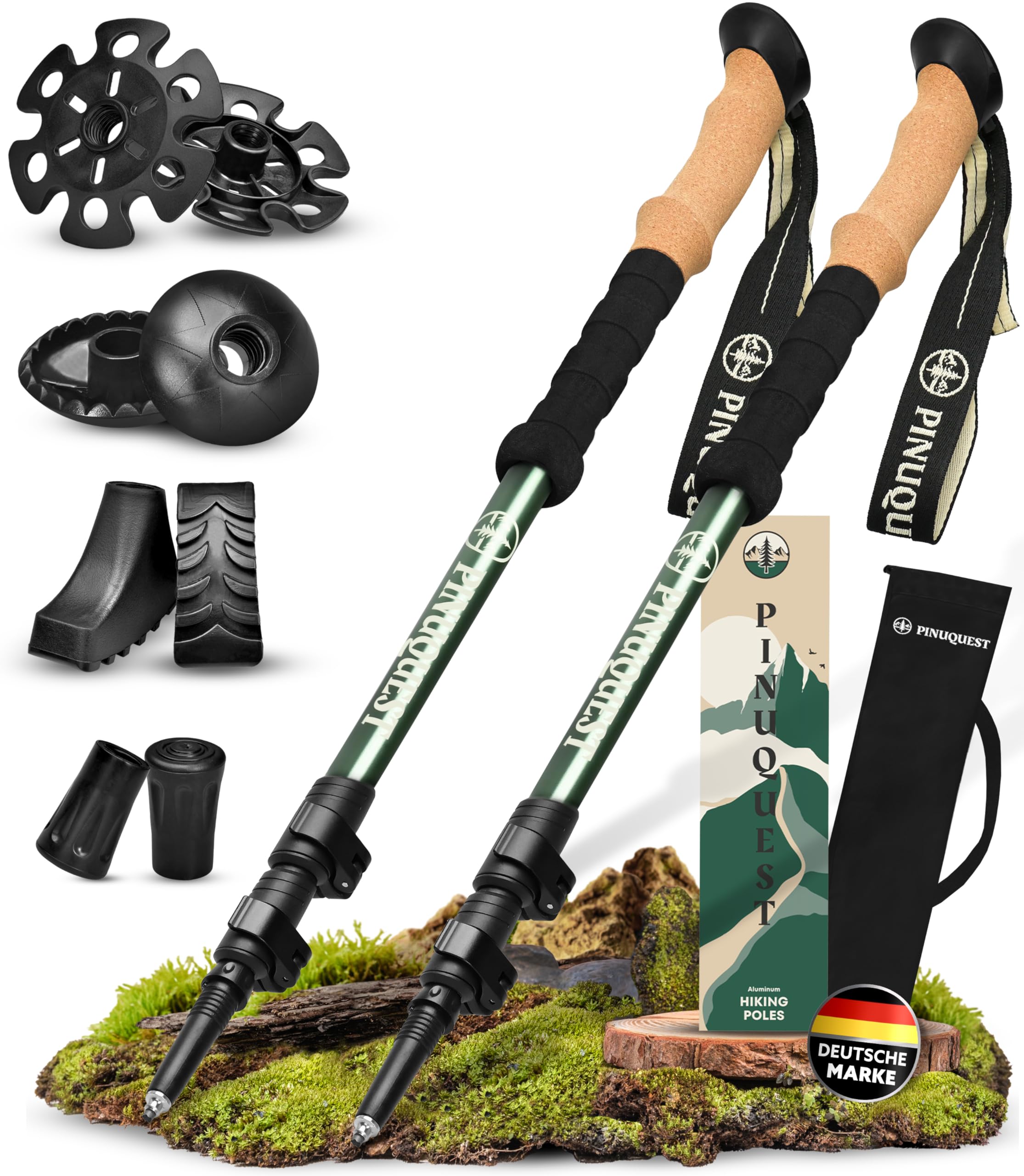 Pinuquest Wanderstöcke Teleskop Aluminium/Carbon - Für 95-200 cm Körpergröße, Trekkingstöcke mit ergonomischem Kork Griff & 4 Aufsätzen für jedes Gelände, Nordic Walking Stöcke (Aluminium - Grün)