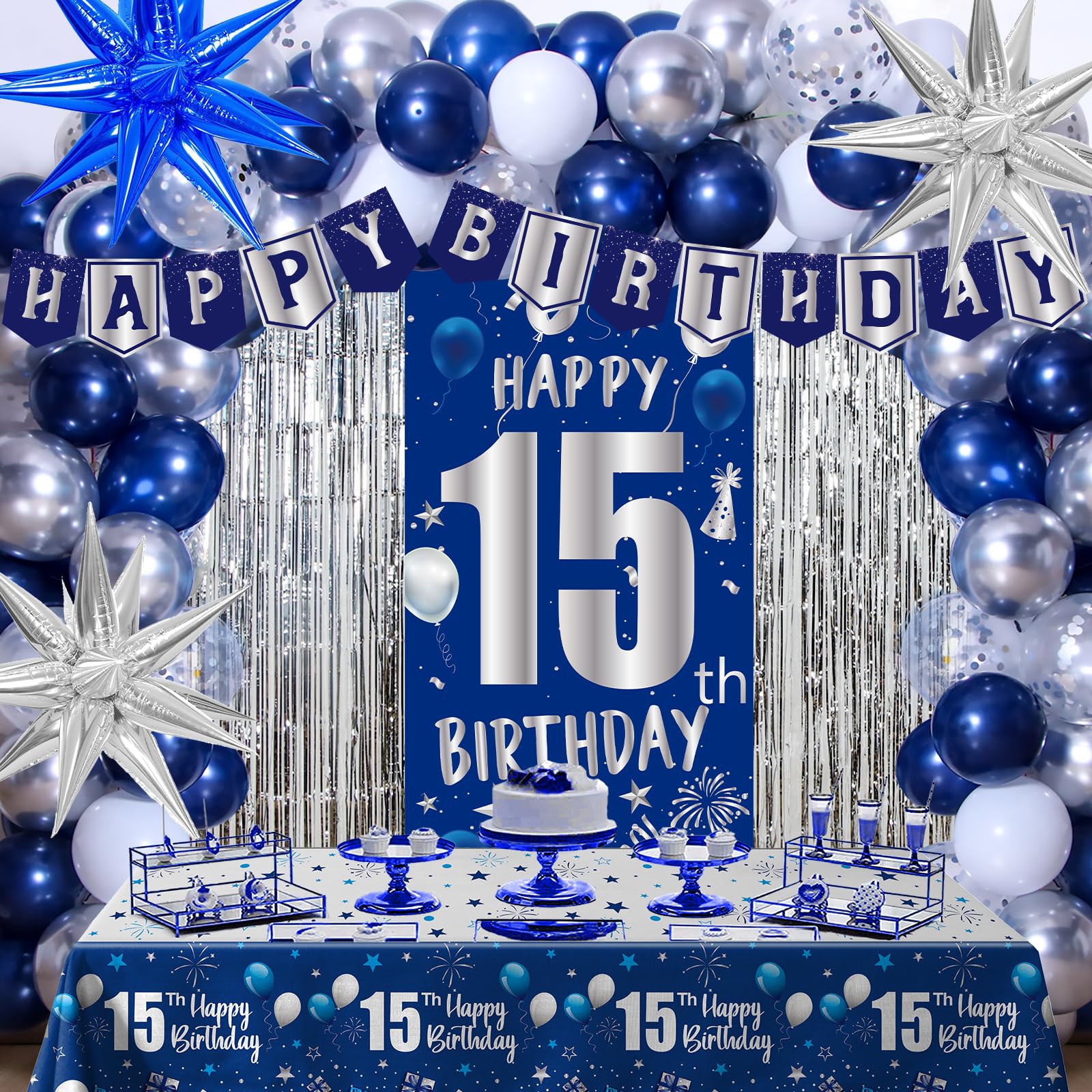 15th Birthday Decorations for Boys Girls, Blue Happy 15th Birthday Decorations Boy 15 Birthday Door Banner, 15 Year Old Boy Bday Party Decor with