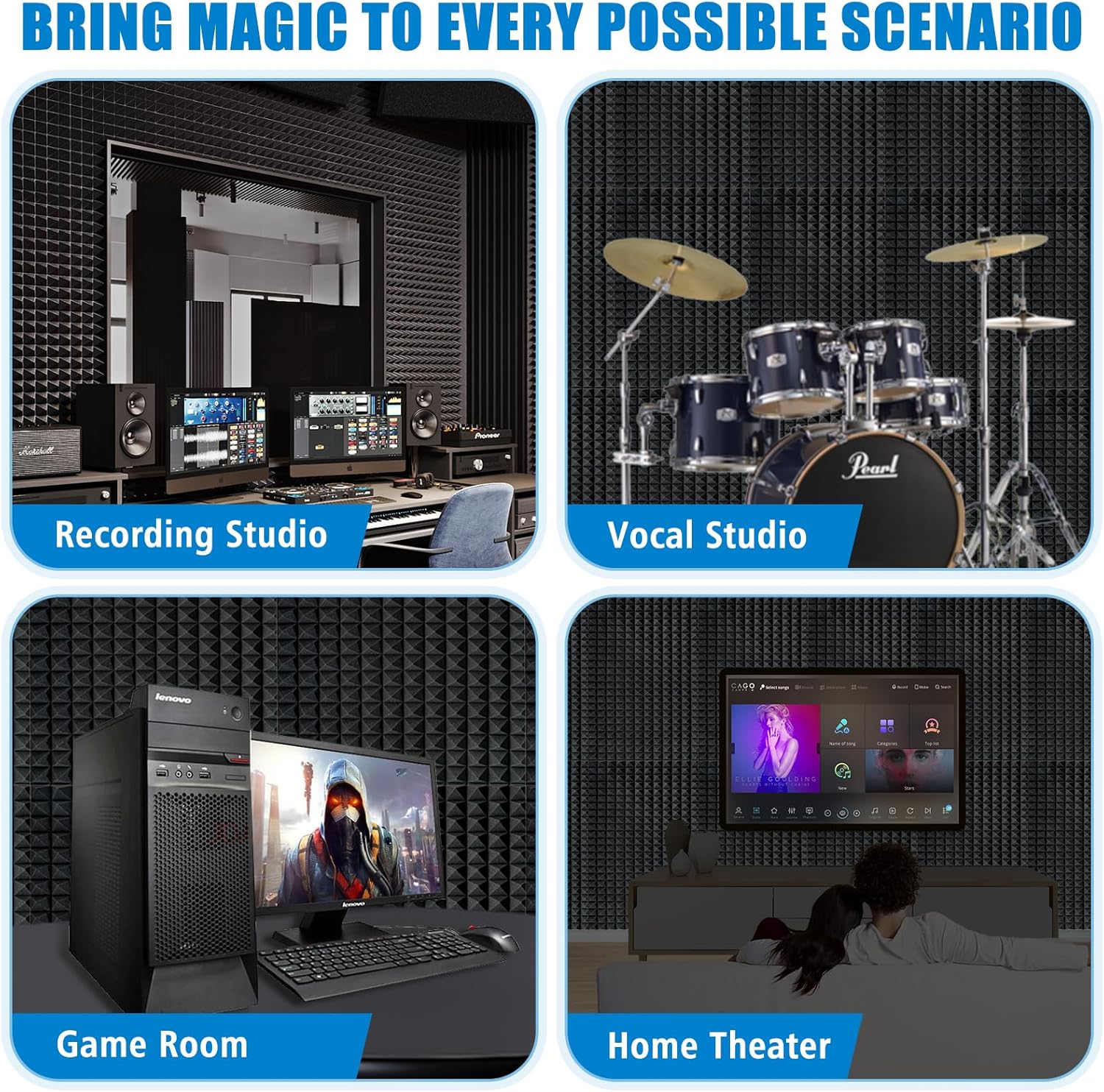 4 Pack Black Acoustic Foam Panels,48x24x2 Inch Sound Proof,High Density Soundproof Wall Panels,Fireproof Cancelling Foam Studio (Black, 4 PCS)