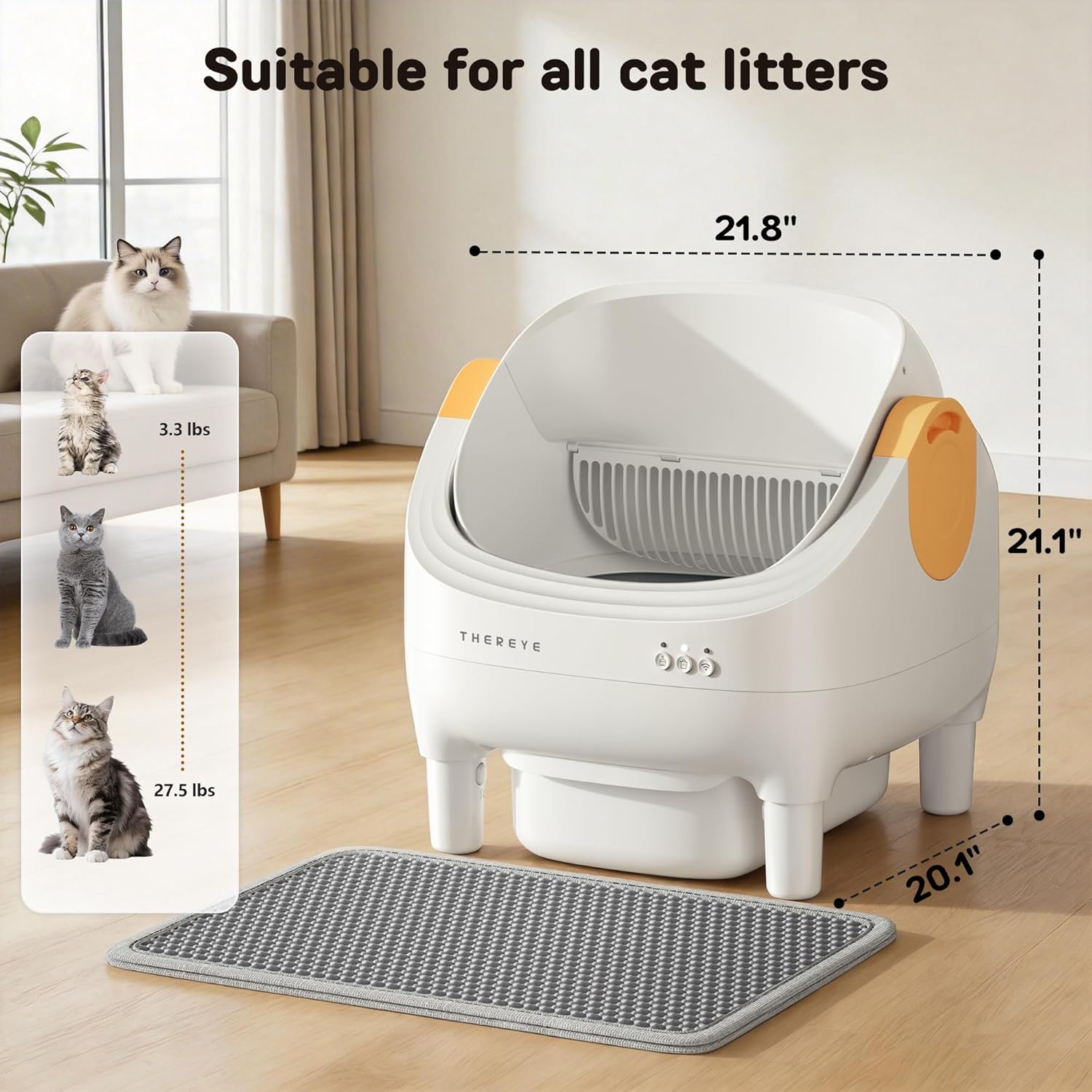 Thereye Self Cleaning Cat Litter Box, Open-Top Automatic Litter Box with APP Control, Safety Sensor and 10L Large Waste Bin, Smart Kitty Litter Boxes with Trash Bags and Mat for Multiple Cats