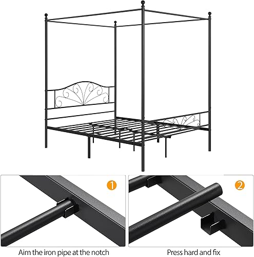 Miniatura 7 de Topeakmart Base de colchón con plataforma metálica con dosel de cuatro pósteres con cabecera arqueada y estribo, listones sólidos, necesita somier,