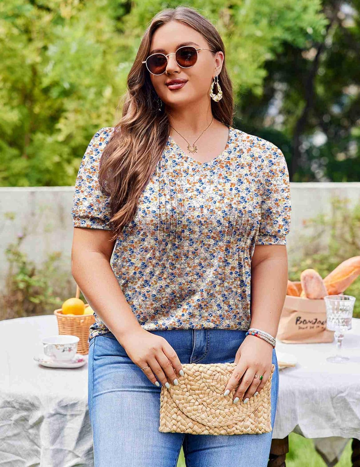 IN'VOLAND Plus Size Tops for Women Summer Puff Short Sleeve Tunic Pleated V Neck Shirts Casual Floral Solid Blouse - Image 2