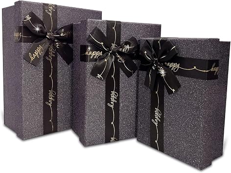 Large Black Gift Box, Gift Box Mudium, 3 Pack Premium Gift Boxes with Lids Ribbon Bow17.5-22.5CM, Empty Cardboard Box for Birthday/Valentines Day/Wedding/Anniversaries/Gift Packaging