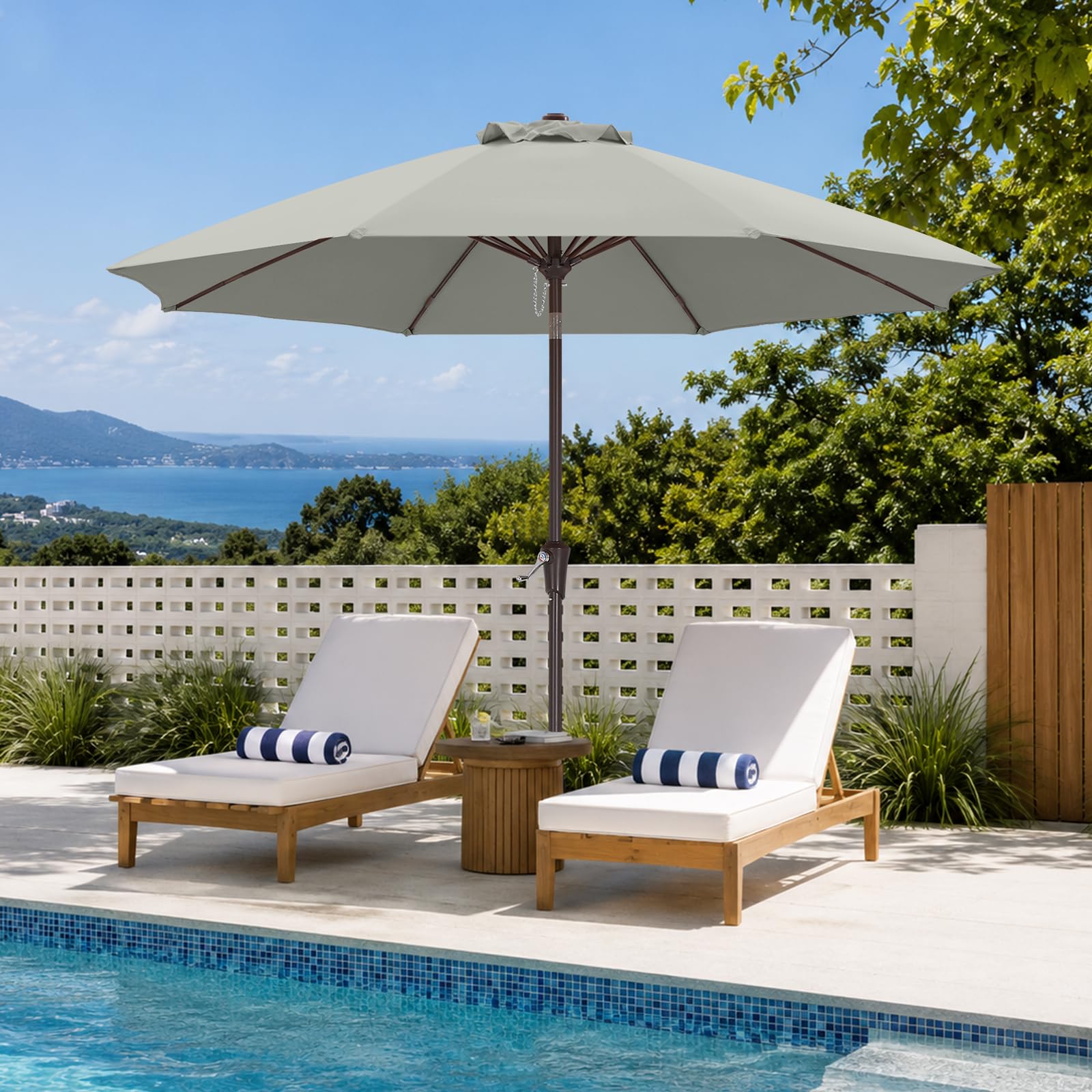 ABCCANOPY Sombrilla de 2,7 m con botón de inclinación para jardín, terraza, patio y piscina, 8 varillas, más de 13 colores | Poliéster 300D impermeable, no destiñe y resistente a la luz, 230/270/300 cm para jardín, terraza y playa