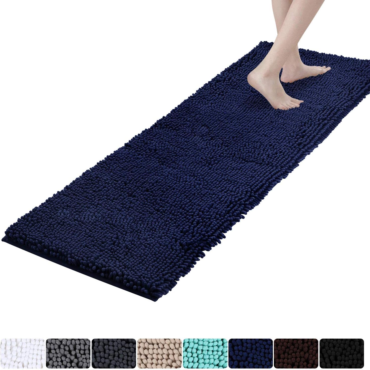 Colorxy Luxury Chenille Bathroom Rugs - Solid Shaggy Washable Bath Mat Non Slip Bathroom Runner Mats, Ultra Soft Plush Bathmat for Bathtub Shower with Water Absorbent Carpet Rug, 47''x17'', Navy