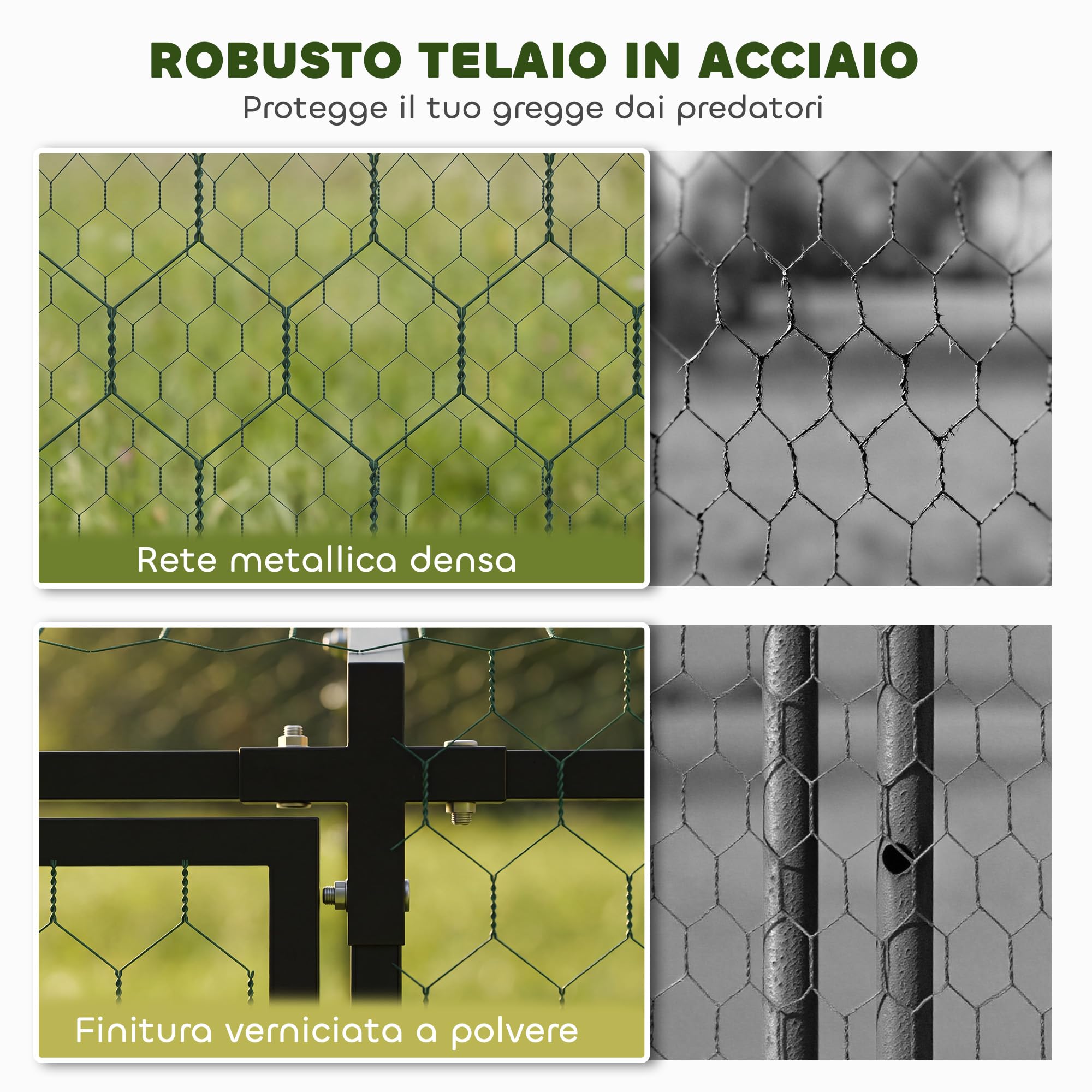 PawHut Pollaio per Galline da Esterno, 3x1x1m 3m² Recinto Galline in Metallo Zincato con 2 Porte, Tetto Impermeabile Anti-UV e Serratura, Gabbia per Polli, Piccoli Animali, Conigli, Anatre, Fattoia