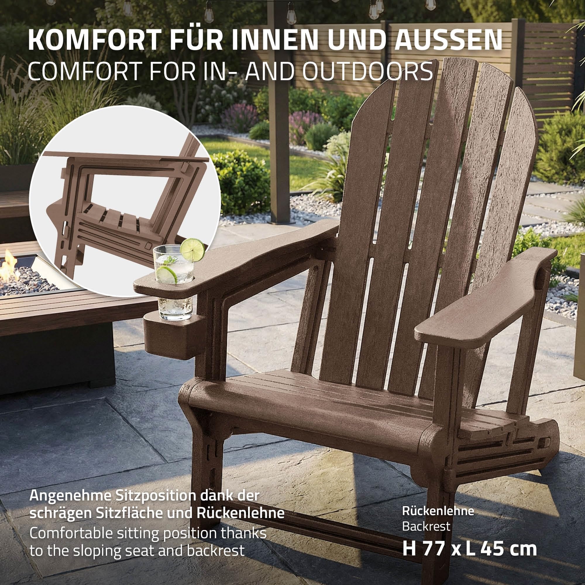 ML-Design Chaise Adirondack Marron avec Porte-Gobelet Intégré, Siège de Jardin en Plastique HDPE Aspect Bois, Résistant aux Intempéries, Montage Facile, Fauteuil Extérieur pour Terrasse Patio Balcon