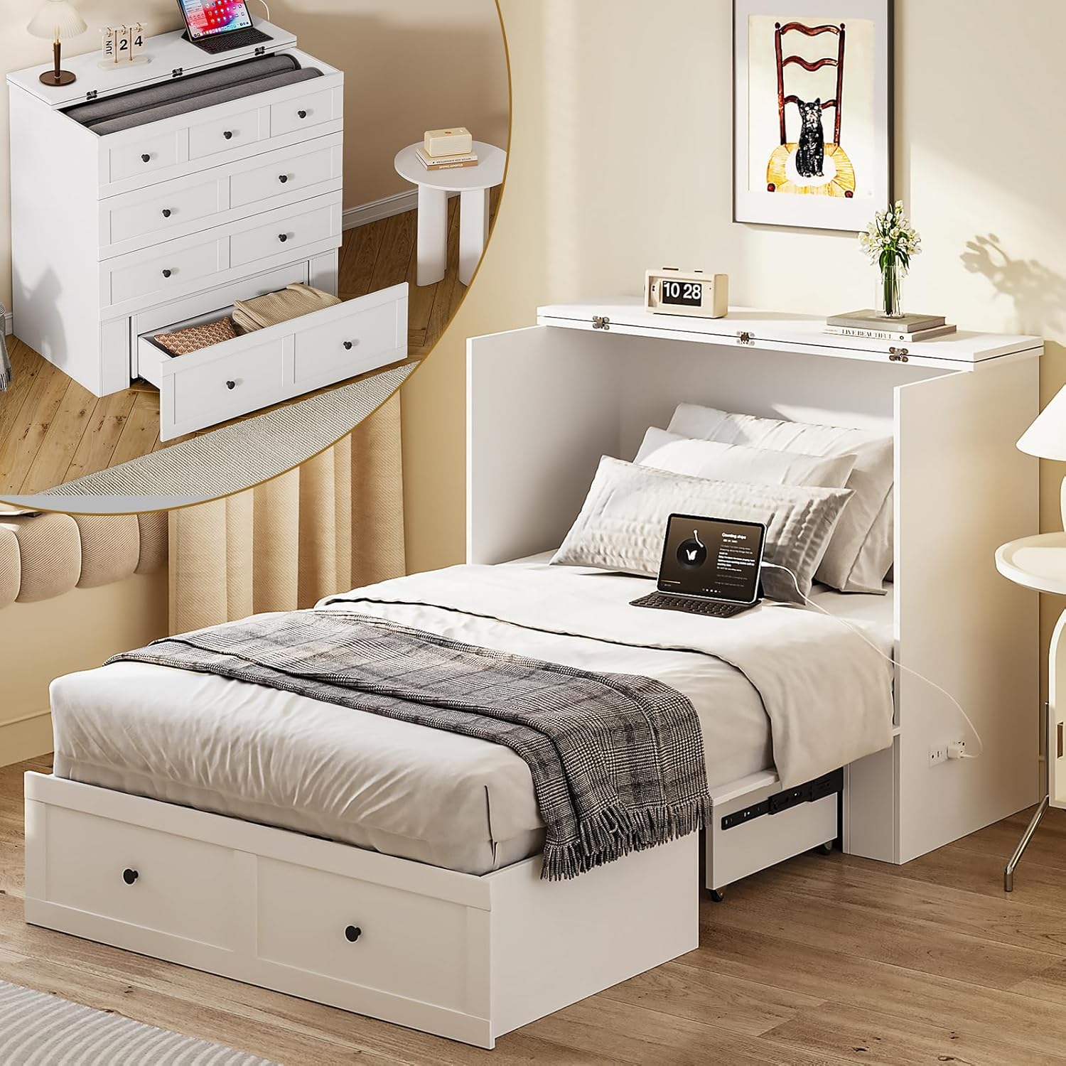 Twin Murphy Bed with Built-in Charging Station, Space-Saving Murphy Bed Chest Twin with Drawer, Foldable, for Home Office Guest Room Bedroom White Twin Murphy Bed with Built-in Charging Station, Space-Saving Murphy Bed Chest Twin with Drawer, Foldable, for Home Office Guest Room Bedroom White