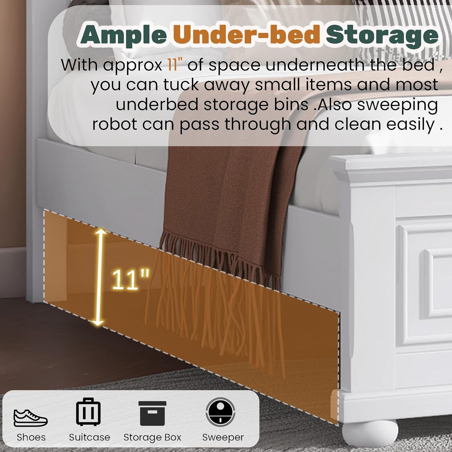 Wood Bed Frame Queen with Tall Headboard & Footboard, Traditional Queen Panel Bed with USB Charging Station for Bedroom, Guest Room, Easy Assembly, No Box Spring Required,White