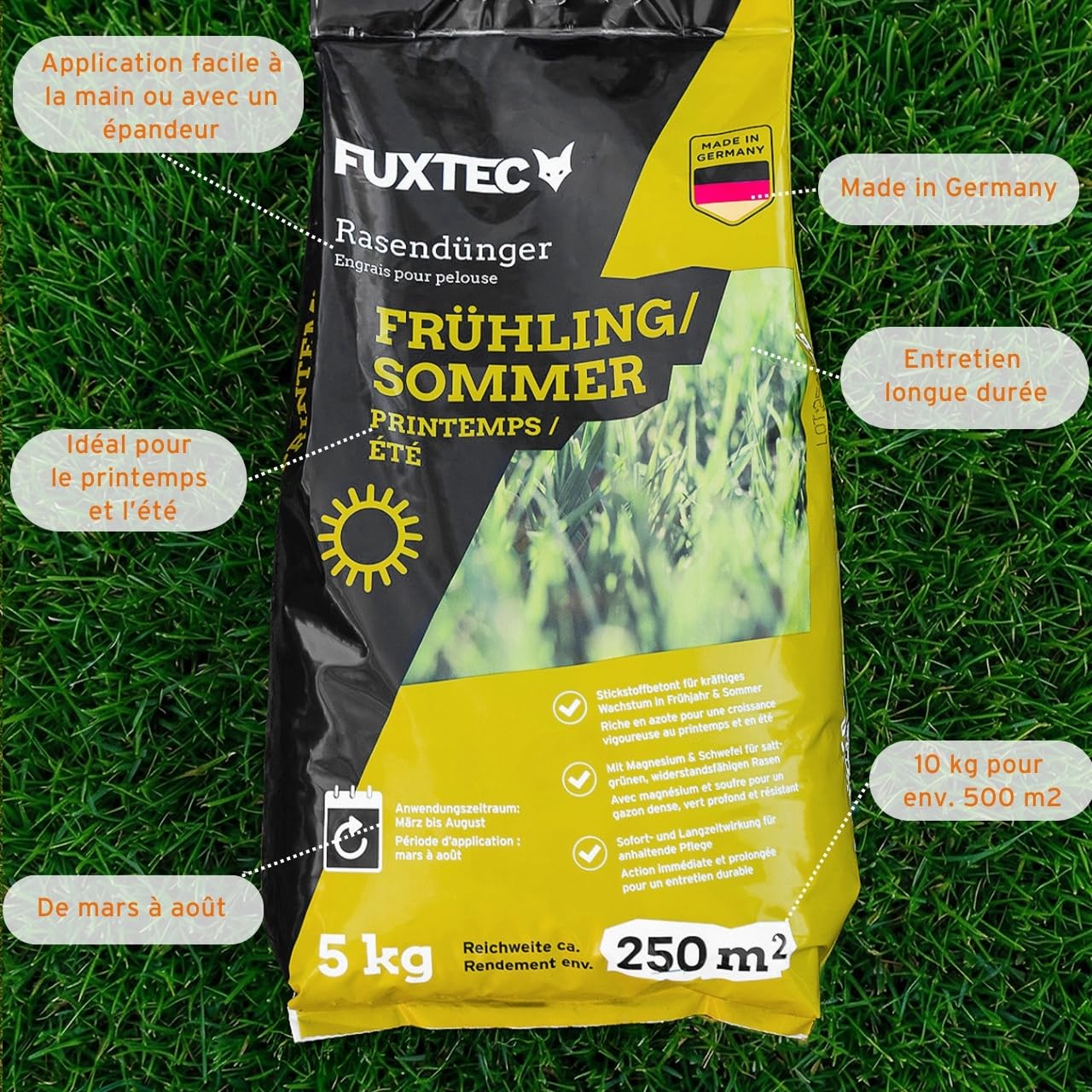 FUXTEC Engrais gazon printemps été FX-RDFS10 – 10 kg (2x5kg) rendement 250m2 fertilisant pelouse NPK 12+3+5 organo-minéral – azote à libération progressive – magnésium et soufre – granulés fins