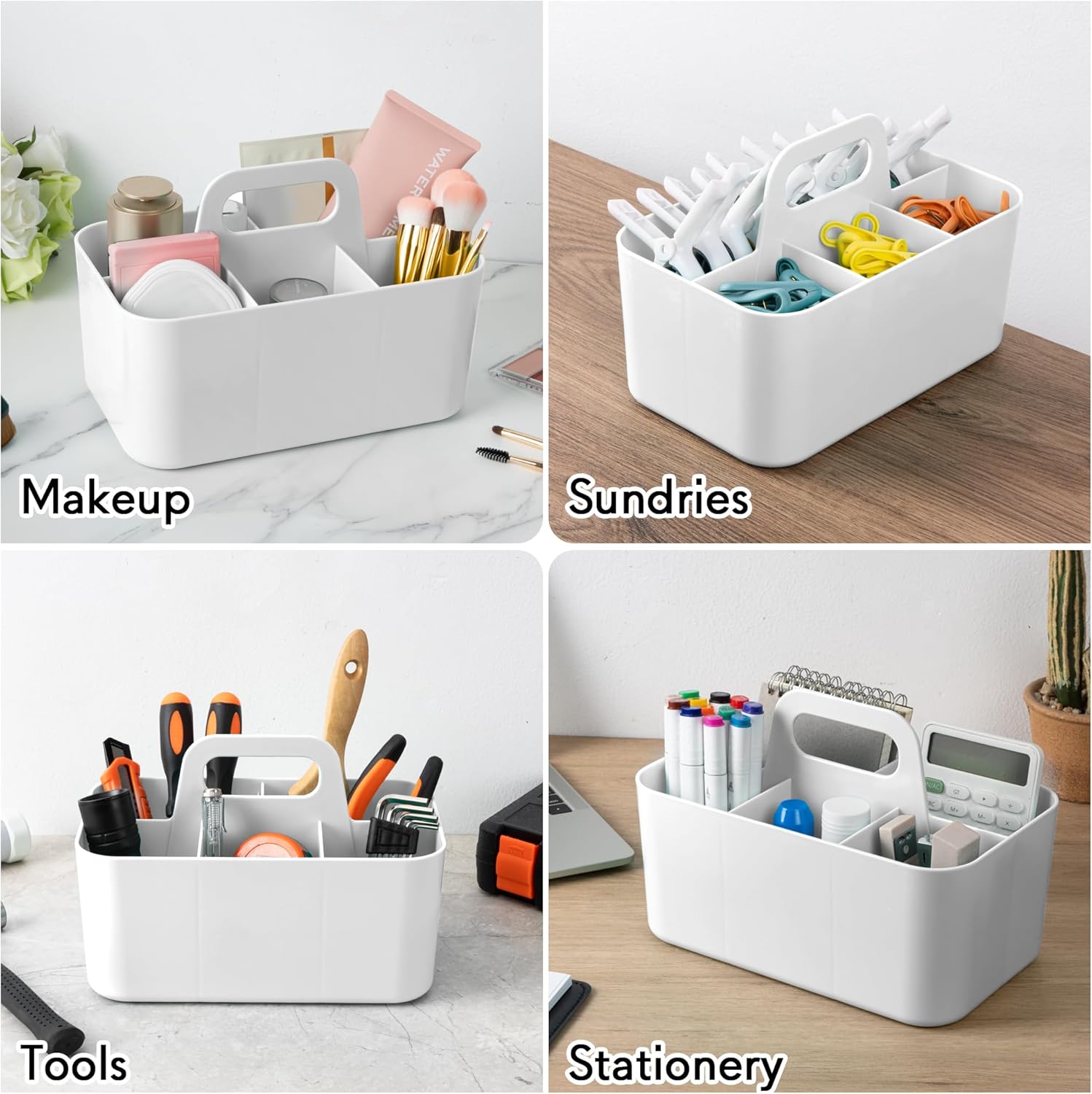 Tiawudi Multipurpose Caddy Organizer, Plastic Caddy with Handle, Stackable Desk Organizer for Stationery, Marker and Pencil, Office Supplies Organizer, Dorm Caddy Rectangle White image 5 of 7 B0D1XZ41MM