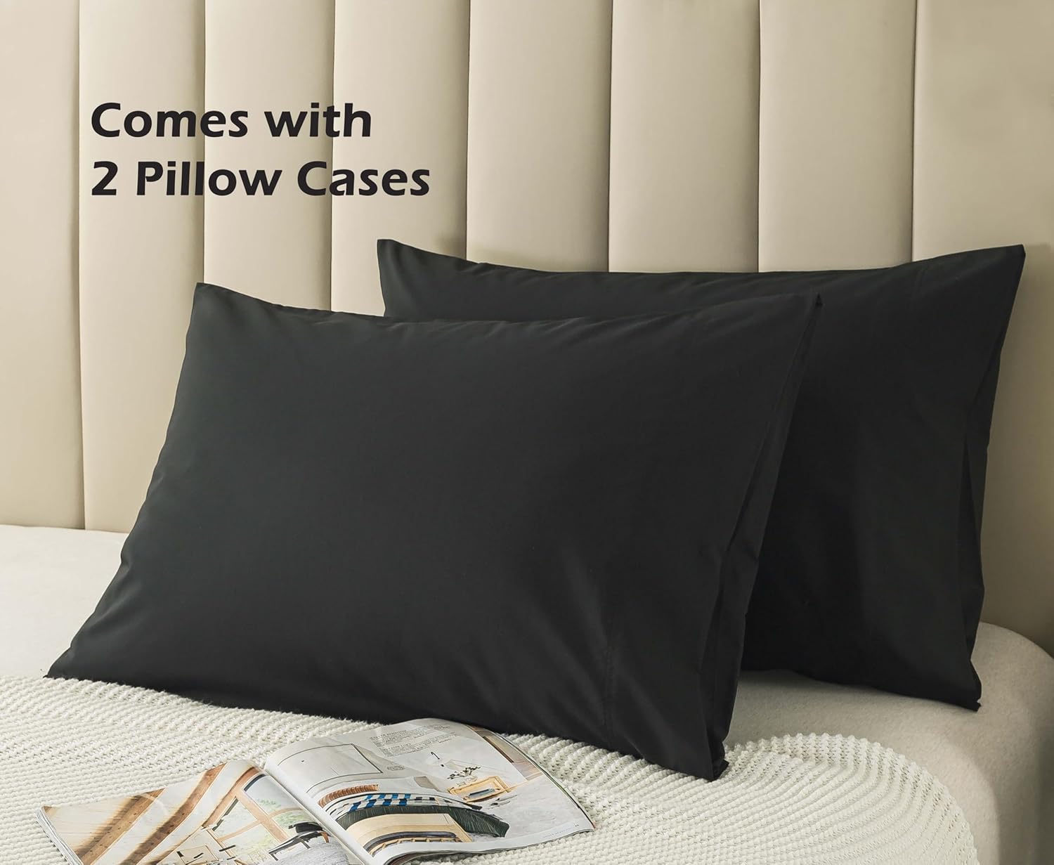 WhatsBedding King Size Pillowcases Set of 2, 20x36 Cotton Pillow Cases with Envelope Closure, Soft & Breathable Pillow Covers for Bed, Black - Image 5