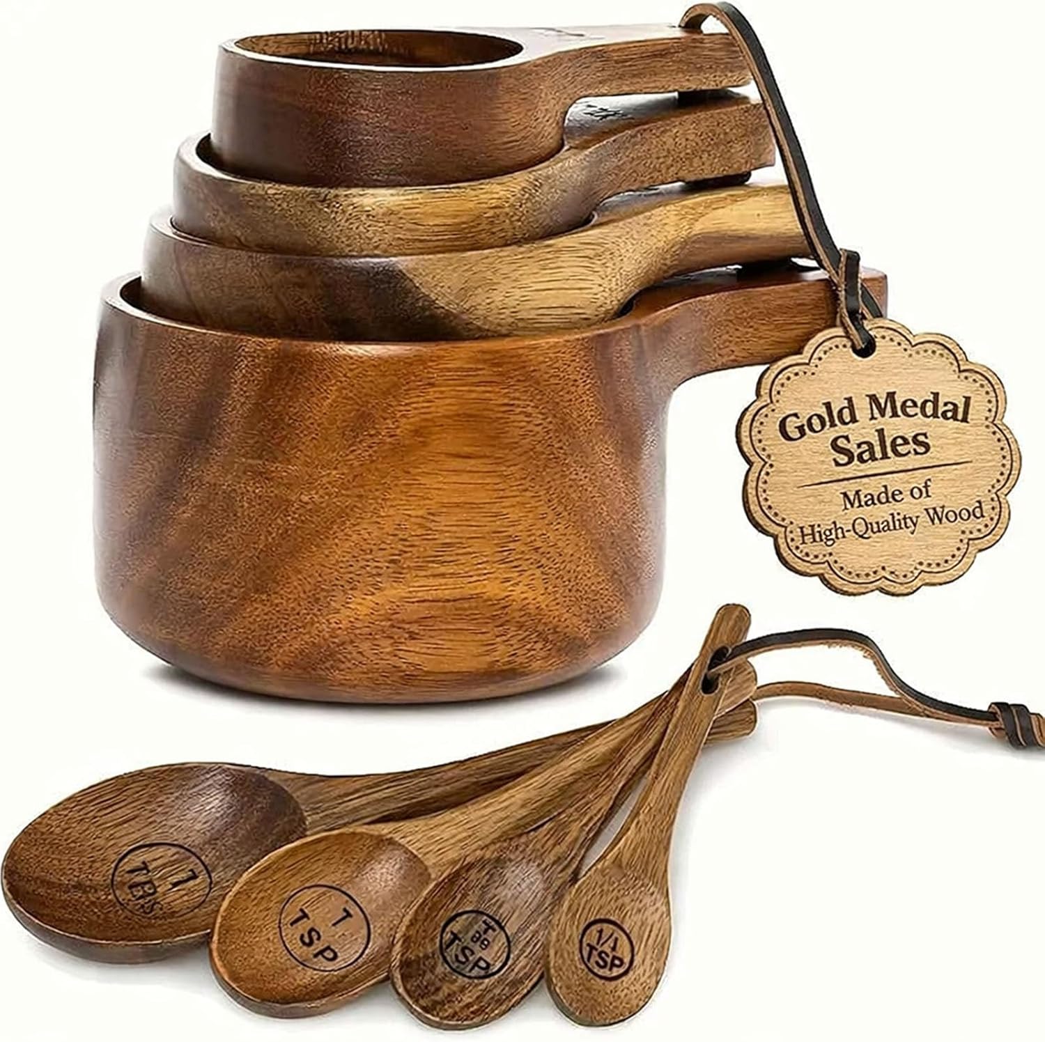 4/8 Pcs Acacia Wooden Measuring Cups and Spoons Set,4 Size Stackable Kitchen Measure Tool with Handle, Baking and Cooking Measuring Set, Handcrafted with Polish Finish (8 PCS)