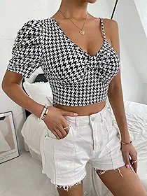 Blusa cropped feminina Houndstooth assimétrica manga bufante franzida